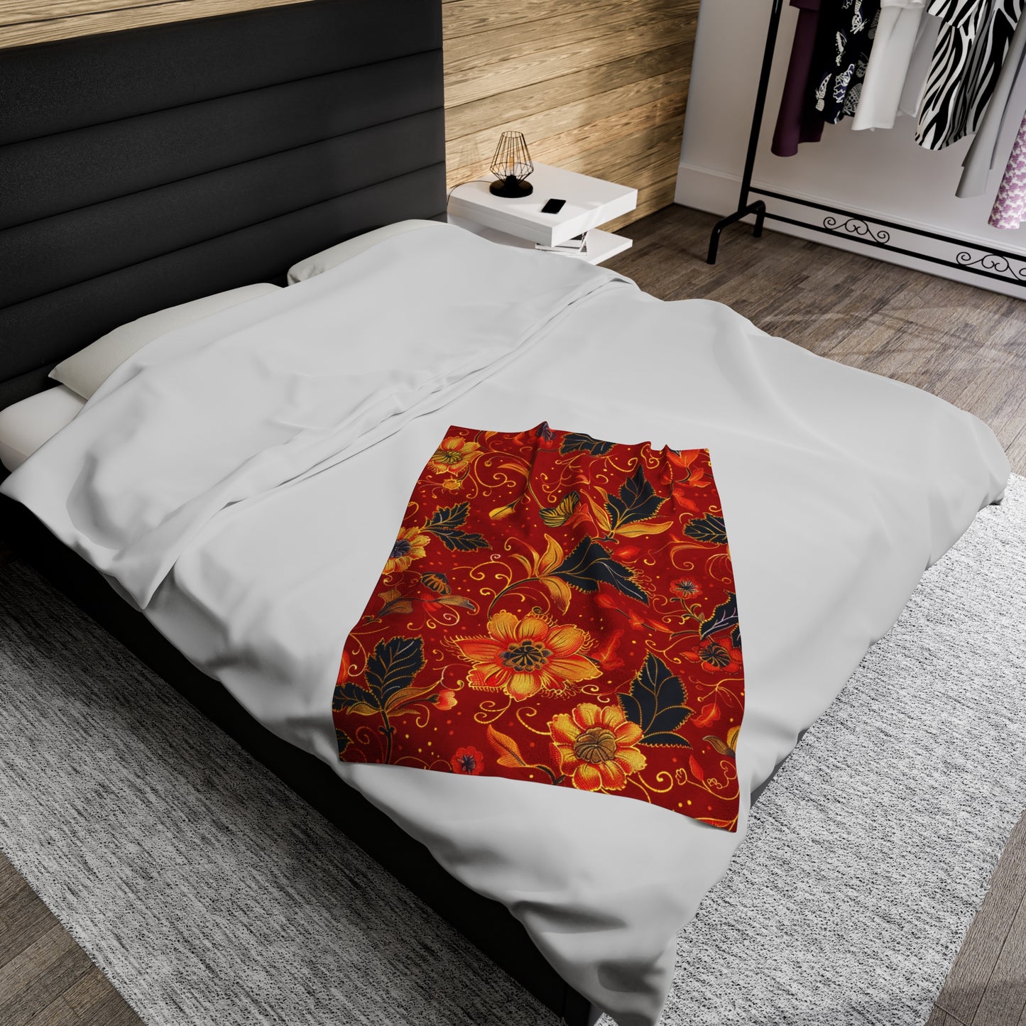 Fiery Florals Red and Gold Embellished Velveteen Fleece Throw Blanket