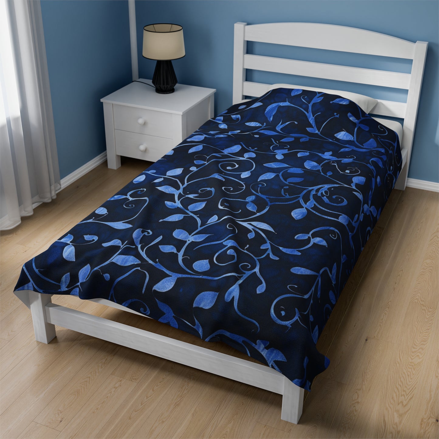 Midnight Vines Deep Blue Floral Vine Velveteen Fleece Throw Blanket