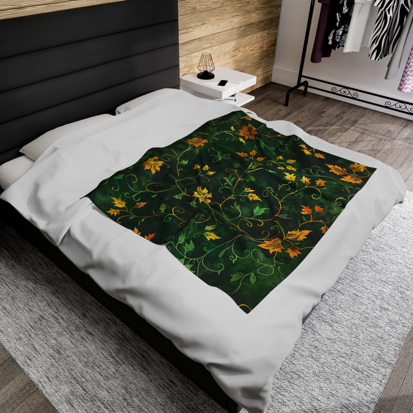 Autumn Whirl: A Golden Floral Velveteen Fleece Throw Blanket