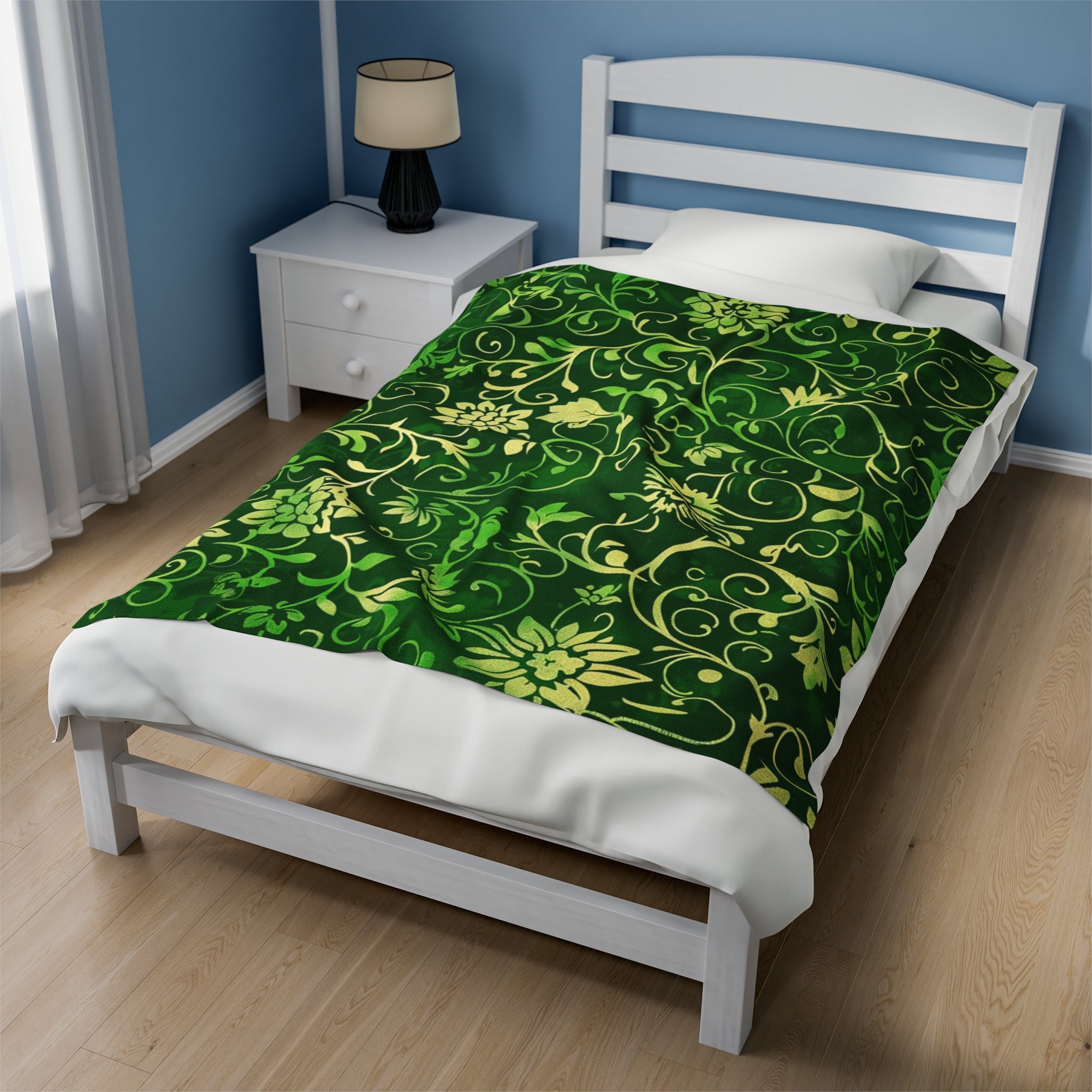 Verdant Vines Green Floral - Velveteen Fleece Throw Blanket