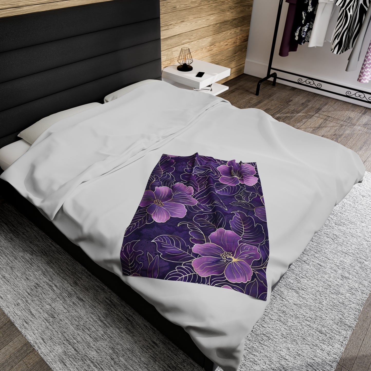 Midnight Hibiscus Velveteen Fleece Throw Blanket