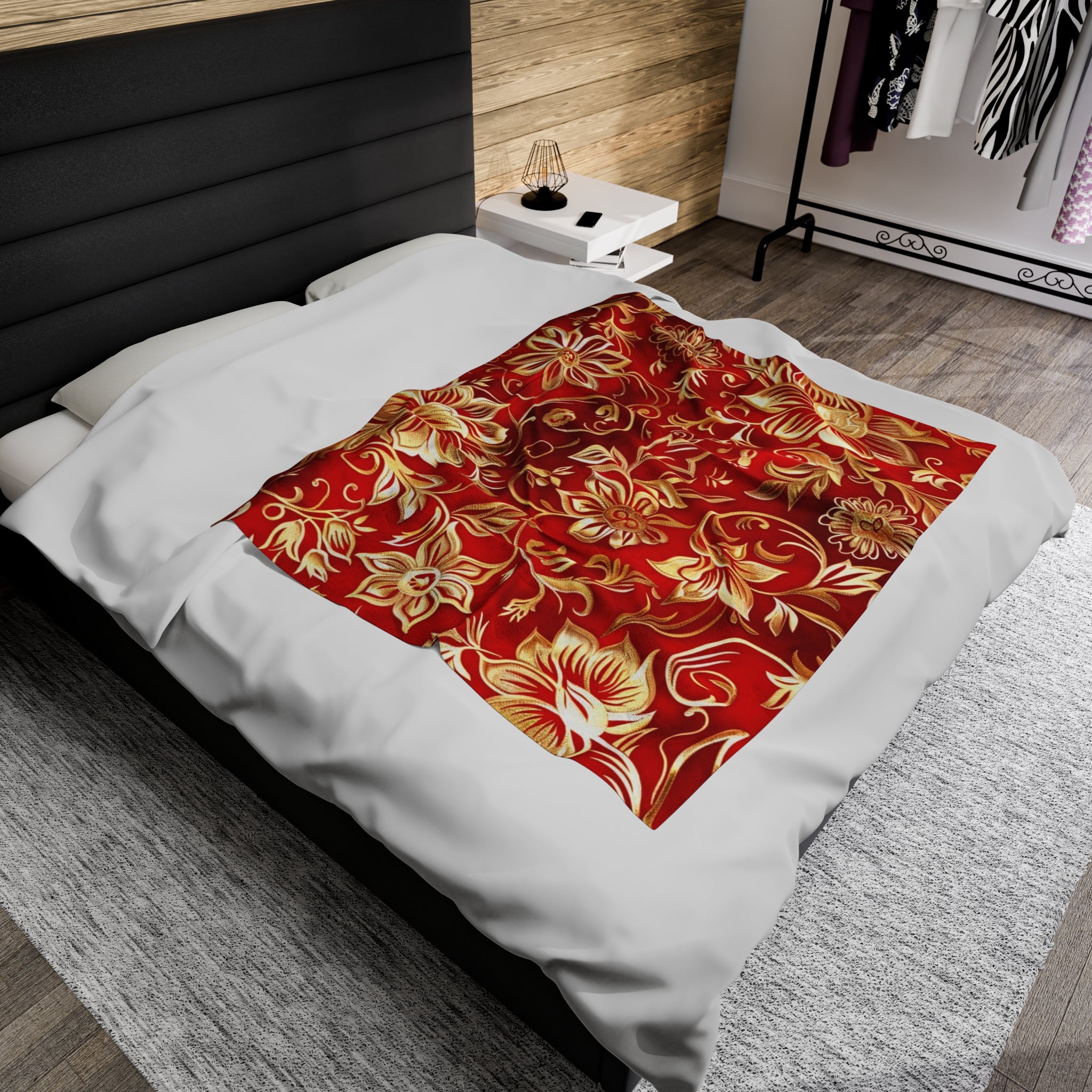 Regal Red and Gold Luxurious Floral Velveteen Fleece Throw Blanket
