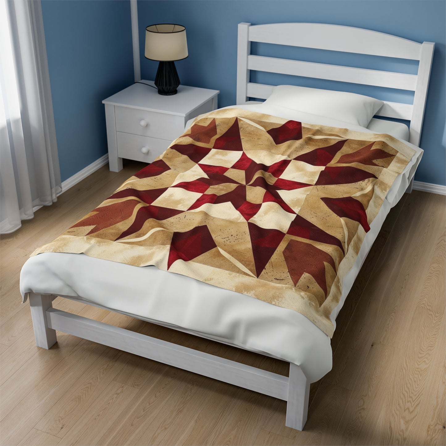 Red/Tan Multicolor Barn Quilt-Inspired Plush Throw Blanket - Cozy Geometric Velveteen Fleece Accent