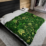 Verdant Vines Green Floral - Velveteen Fleece Throw Blanket
