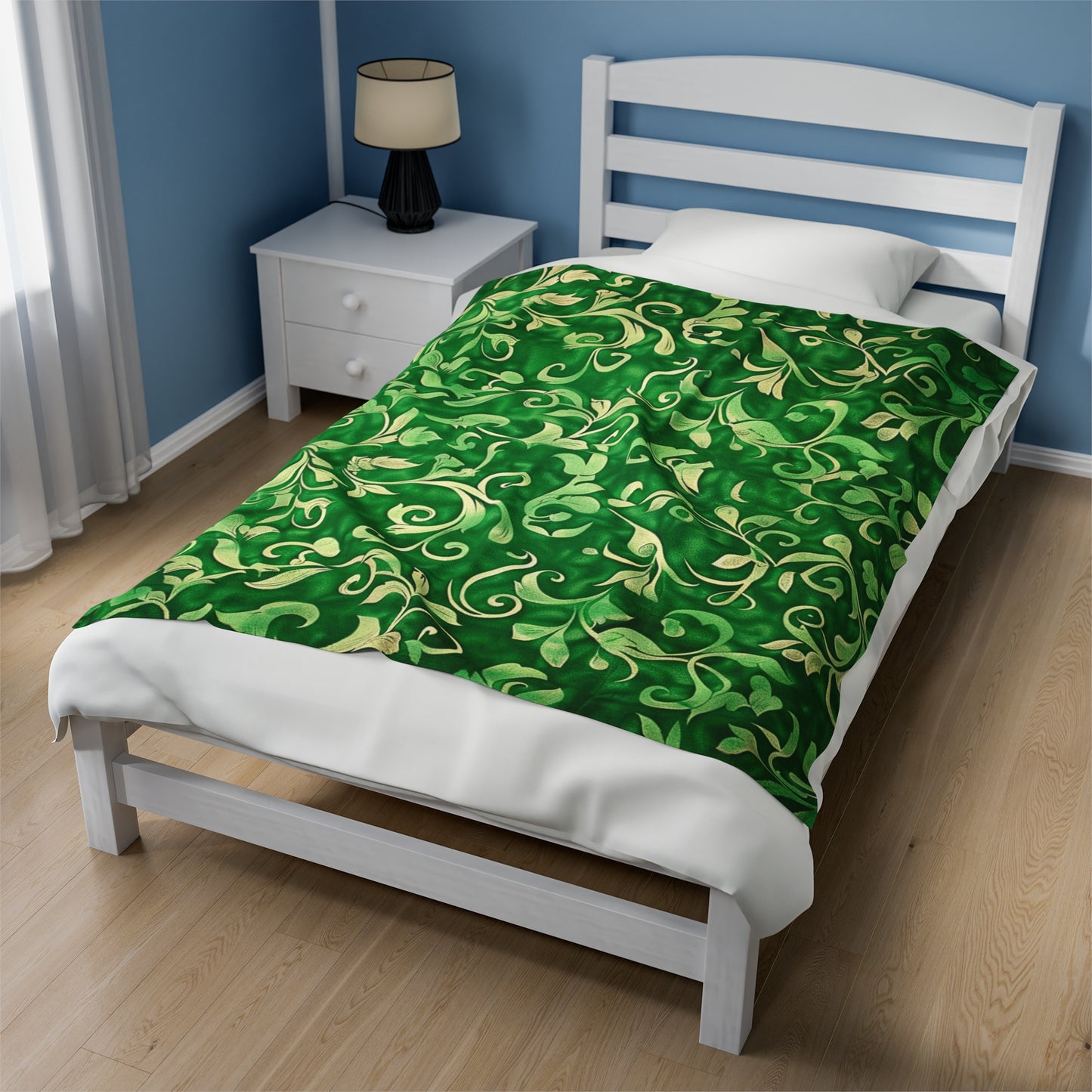 Verde Vibrance Spirited Green and Cream Floral Velveteen Fleece Throw Blanket