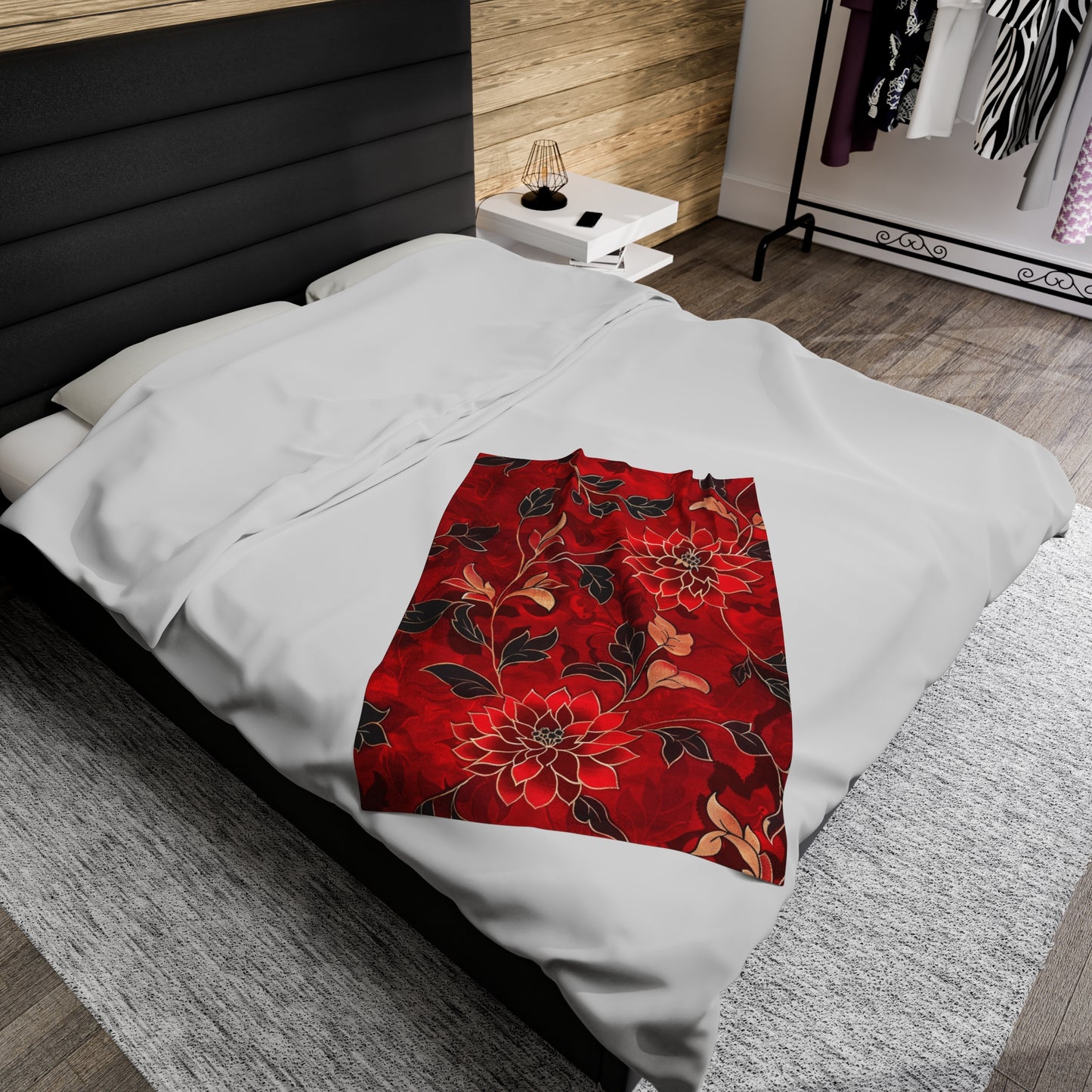 Scarlet Symphony Red and Black Floral Velveteen Fleece Throw Blanket