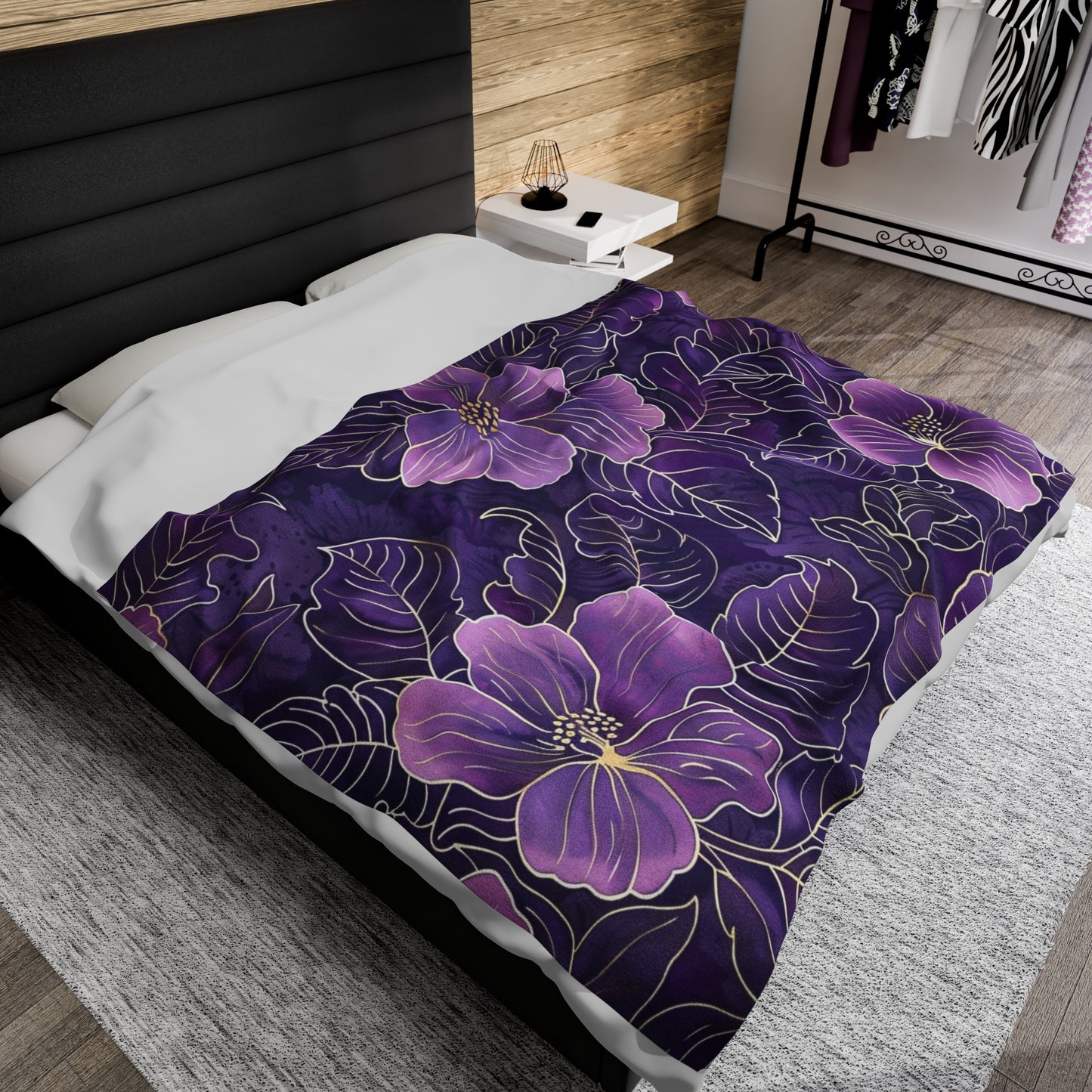 Midnight Hibiscus Velveteen Fleece Throw Blanket