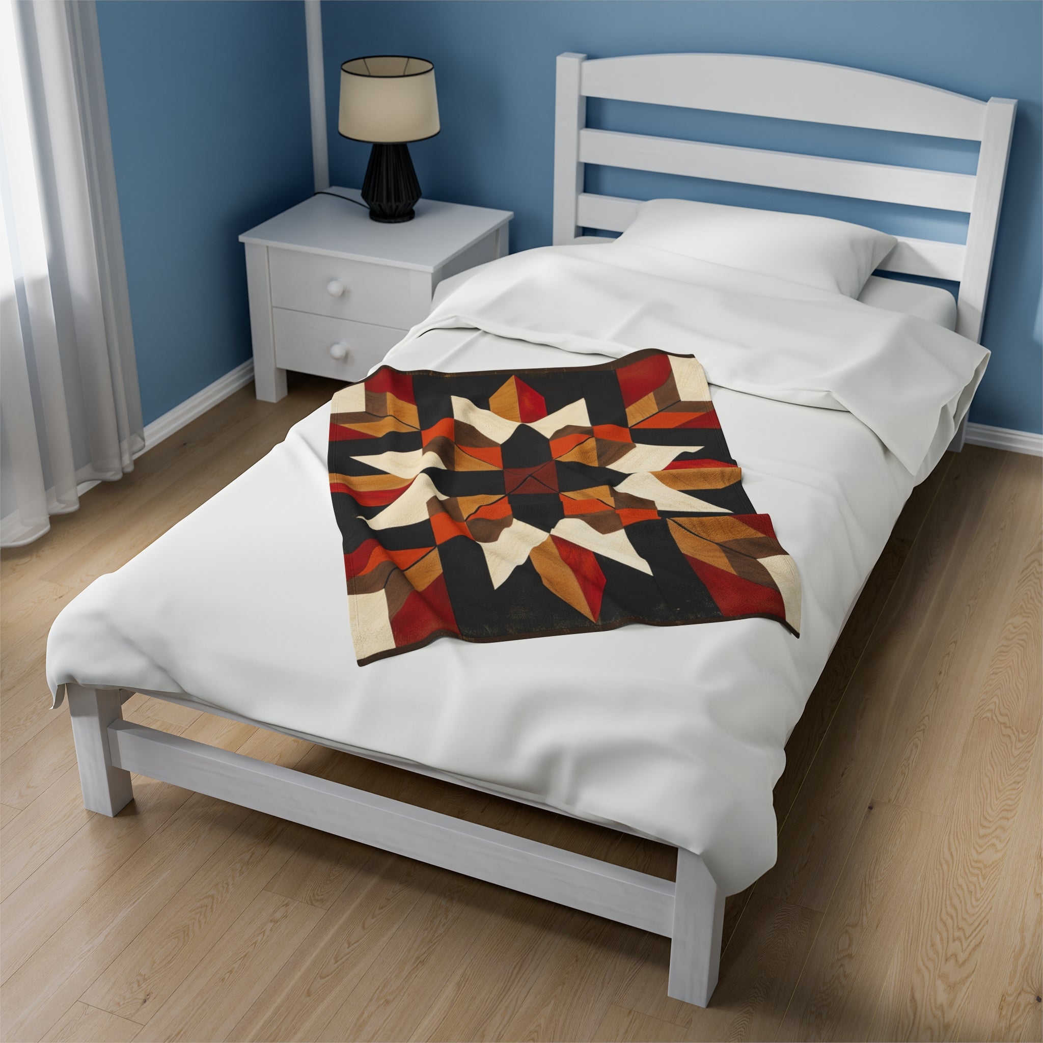 Black/Red/Orange Barn Quilt-Inspired Plush Throw Blanket - Cozy Geometric Velveteen Fleece Accent
