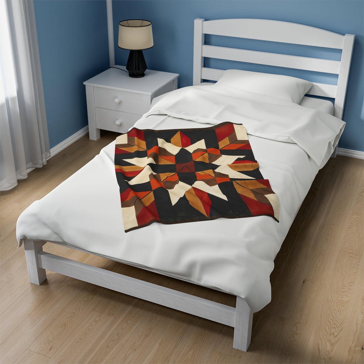 Black/Red/Orange Barn Quilt-Inspired Plush Throw Blanket - Cozy Geometric Velveteen Fleece Accent