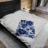 Classic Blue and White Floral Velveteen Fleece Throw Blanket