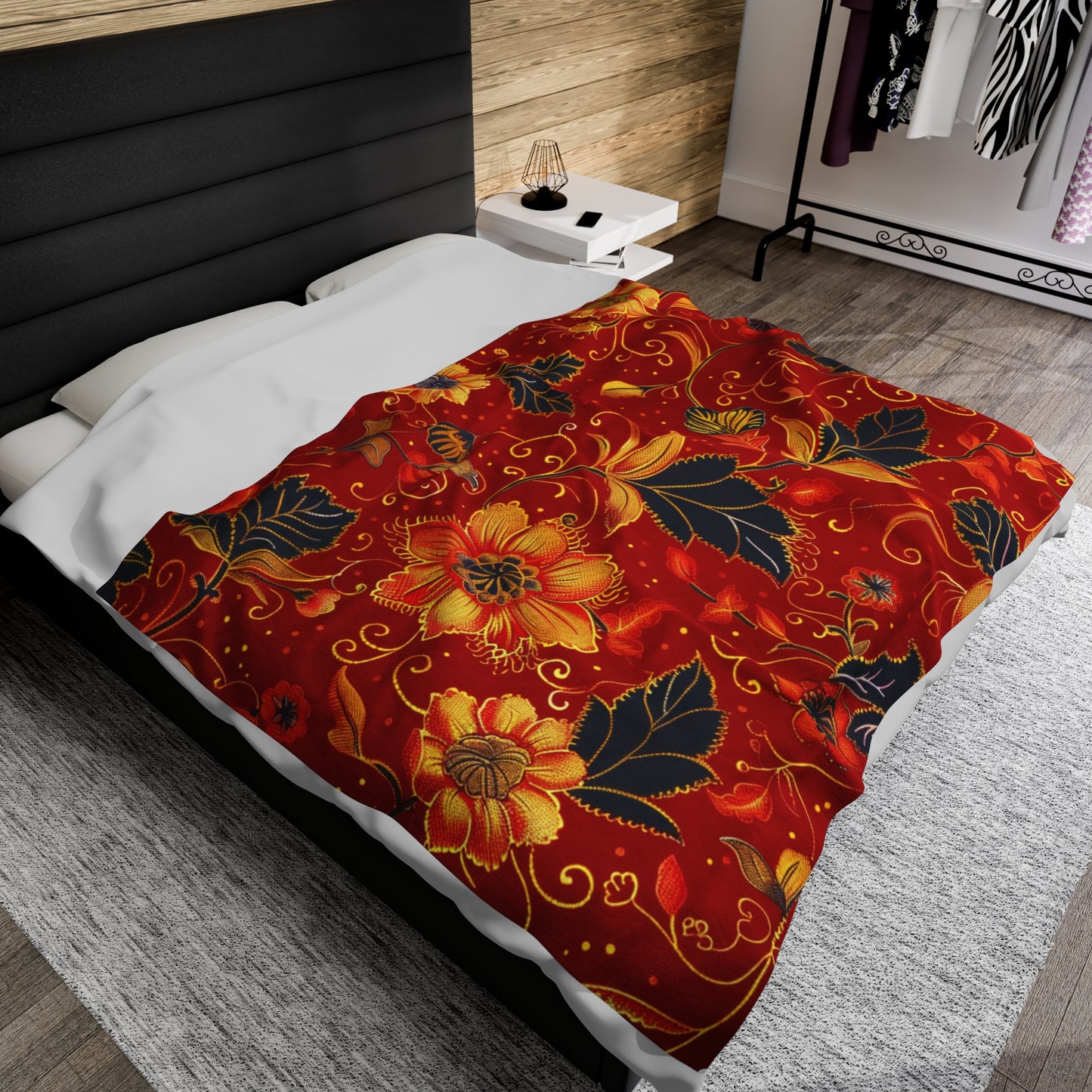 Fiery Florals Red and Gold Embellished Velveteen Fleece Throw Blanket