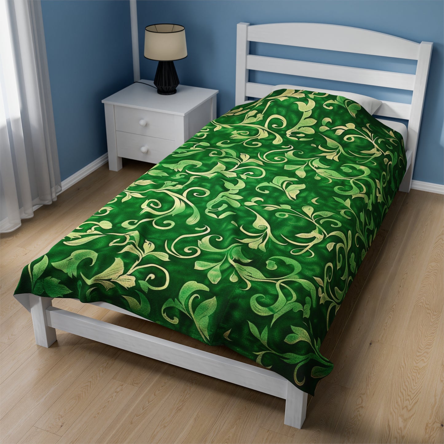 Verde Vibrance Spirited Green and Cream Floral Velveteen Fleece Throw Blanket