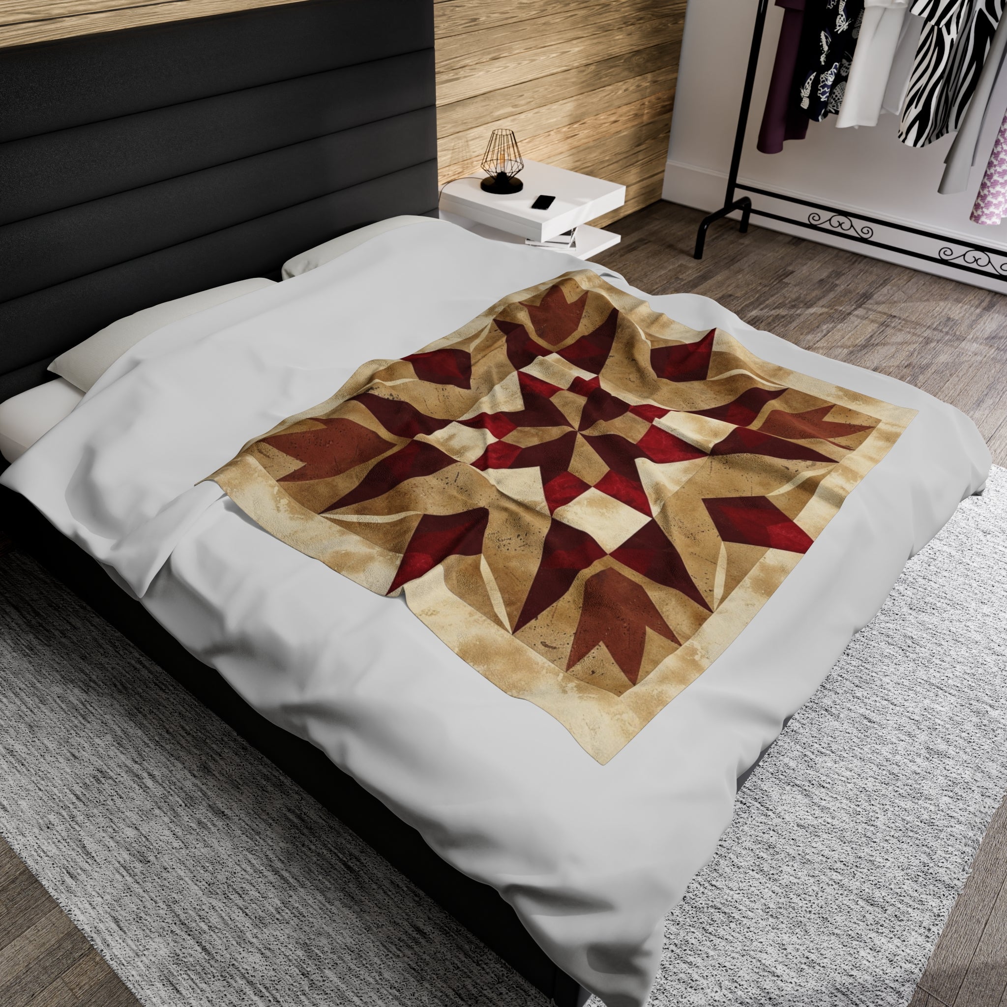 Red/Tan Multicolor Barn Quilt-Inspired Plush Throw Blanket - Cozy Geometric Velveteen Fleece Accent