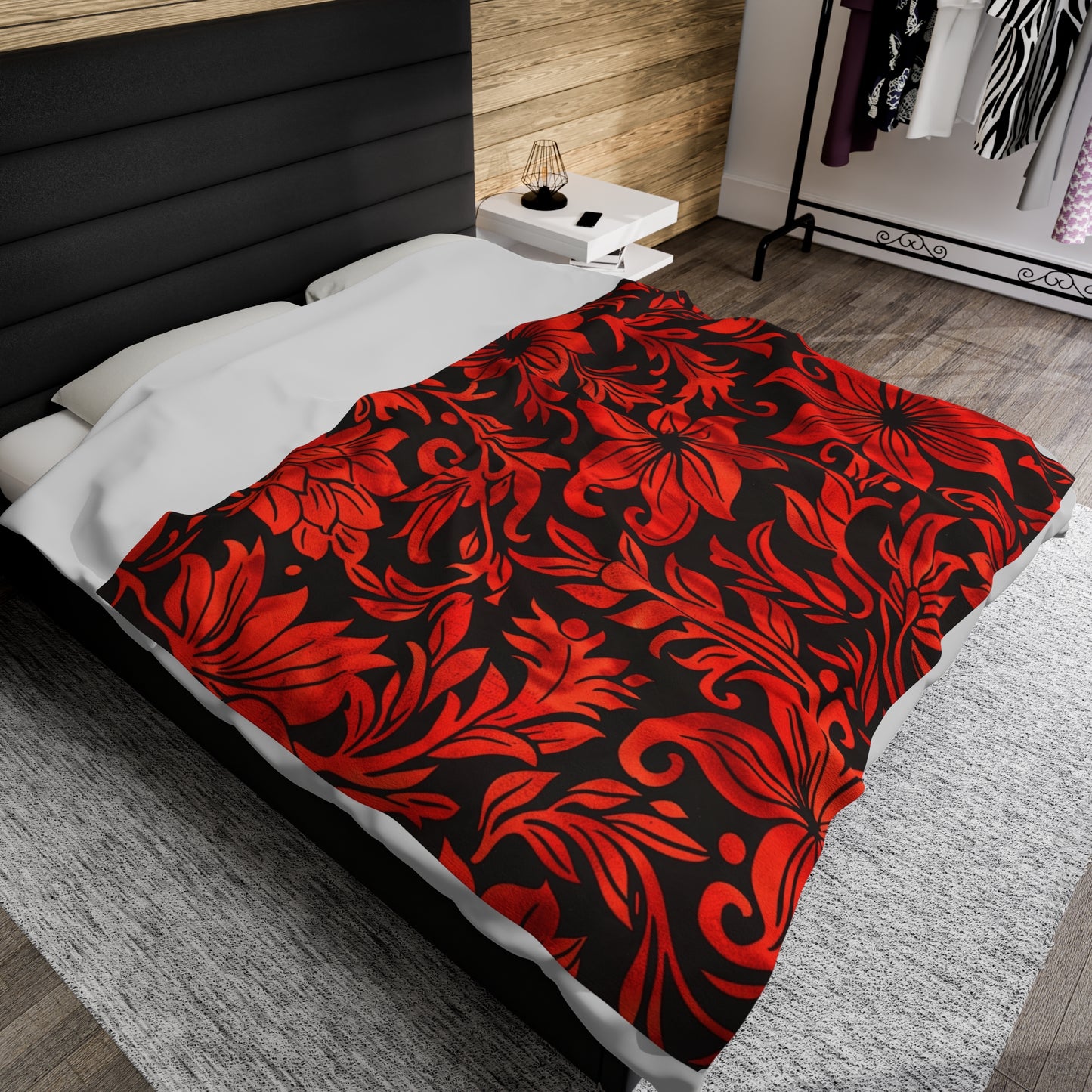 Crimson Contrast Striking Red and Black Floral Elegance Velveteen Fleece Throw Blanket