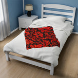 Crimson Contrast Striking Red and Black Floral Elegance Velveteen Fleece Throw Blanket
