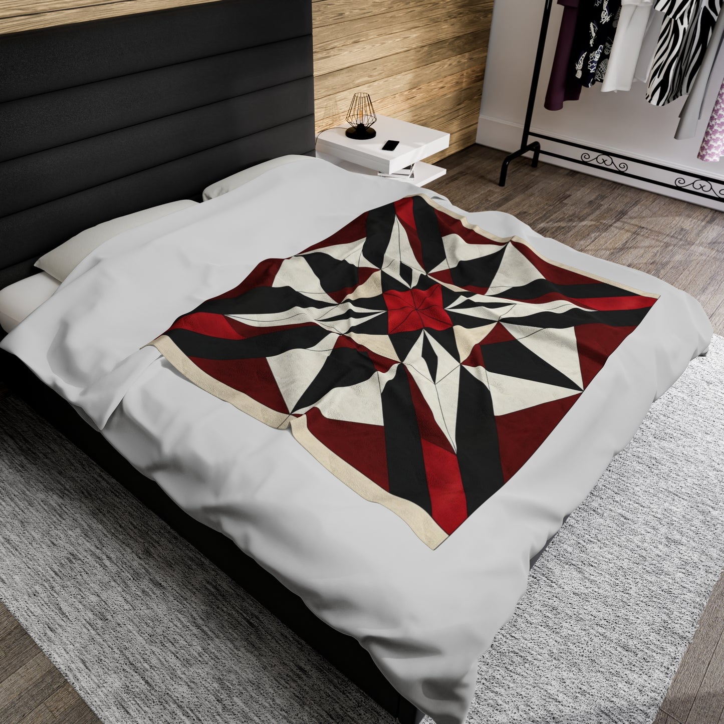 Red, Black and White Barn Quilt-Inspired Plush Throw Blanket - Cozy Geometric Velveteen Fleece Accent