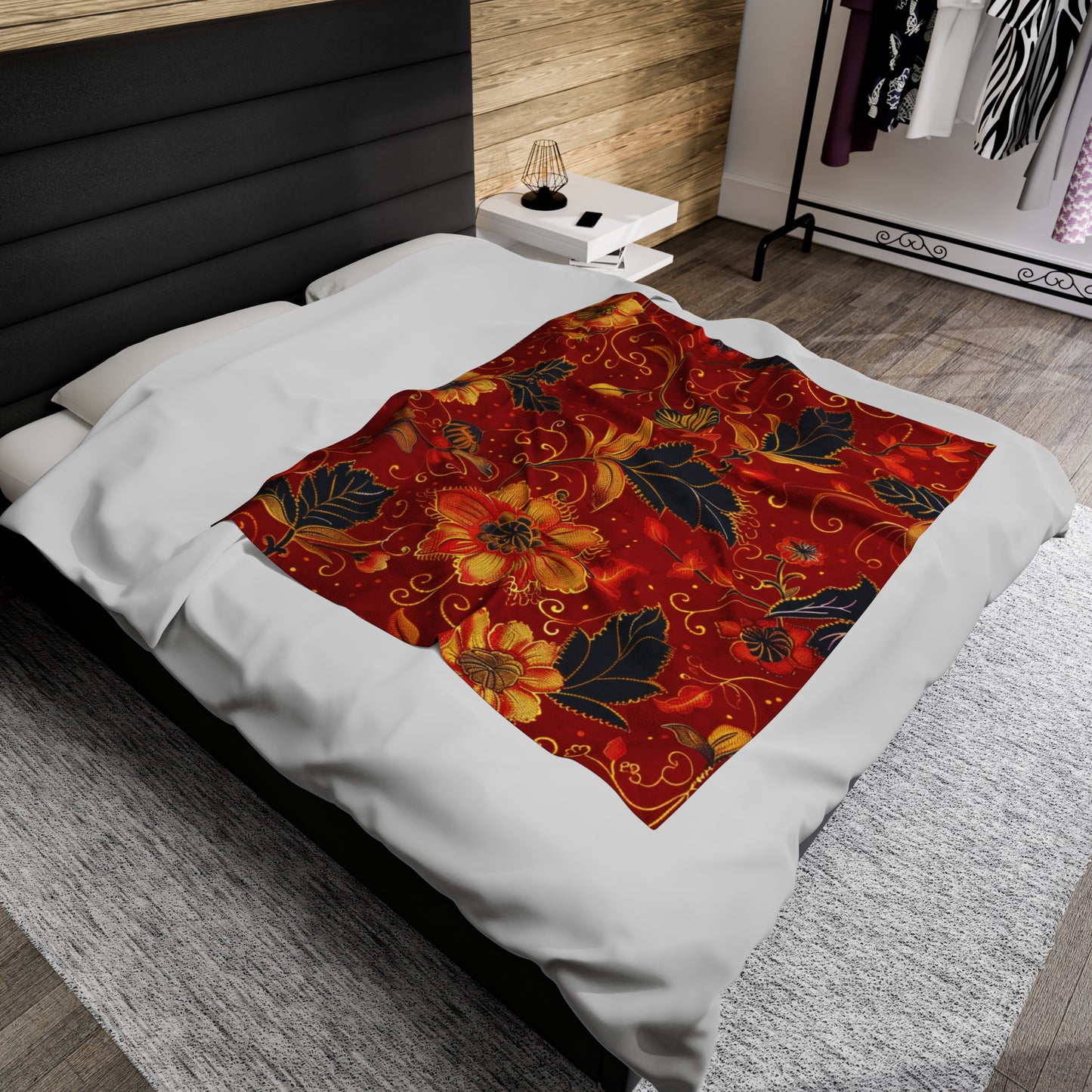 Fiery Florals Red and Gold Embellished Velveteen Fleece Throw Blanket