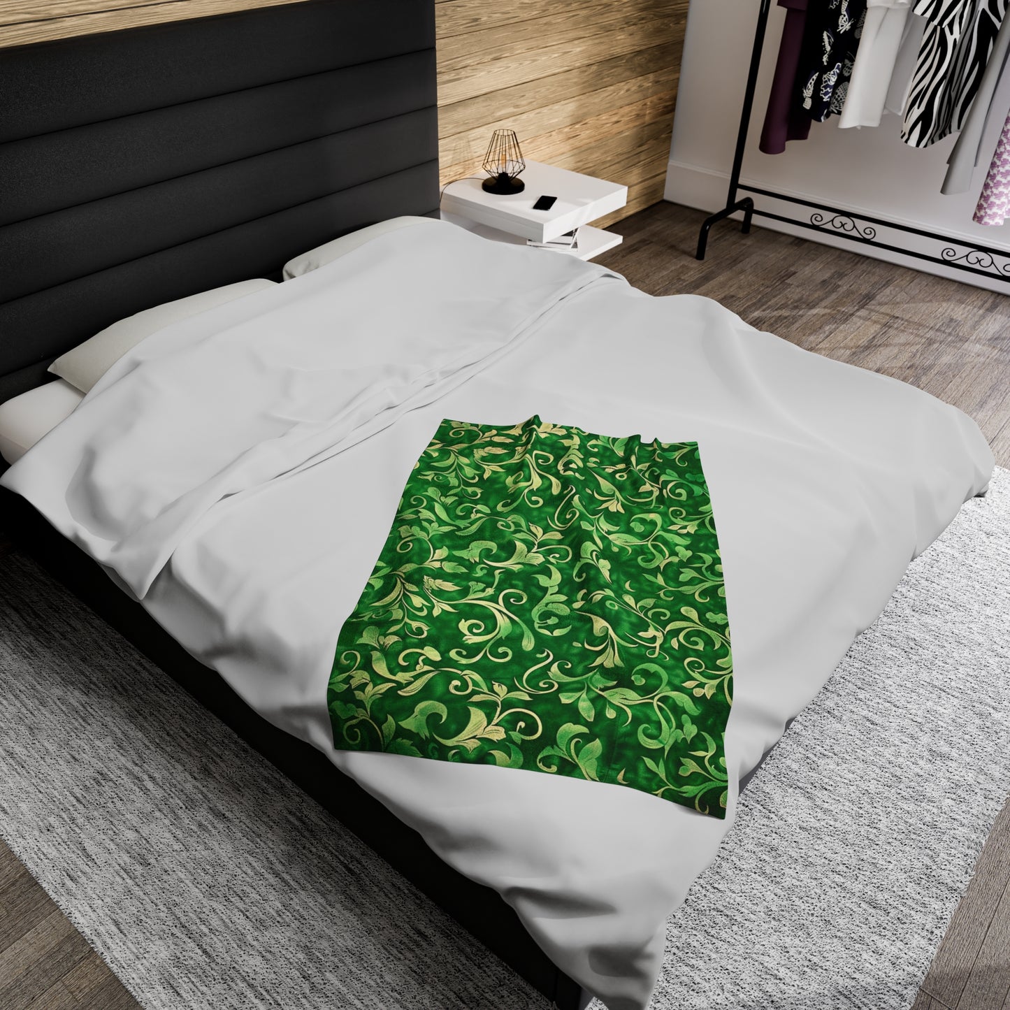 Verde Vibrance Spirited Green and Cream Floral Velveteen Fleece Throw Blanket