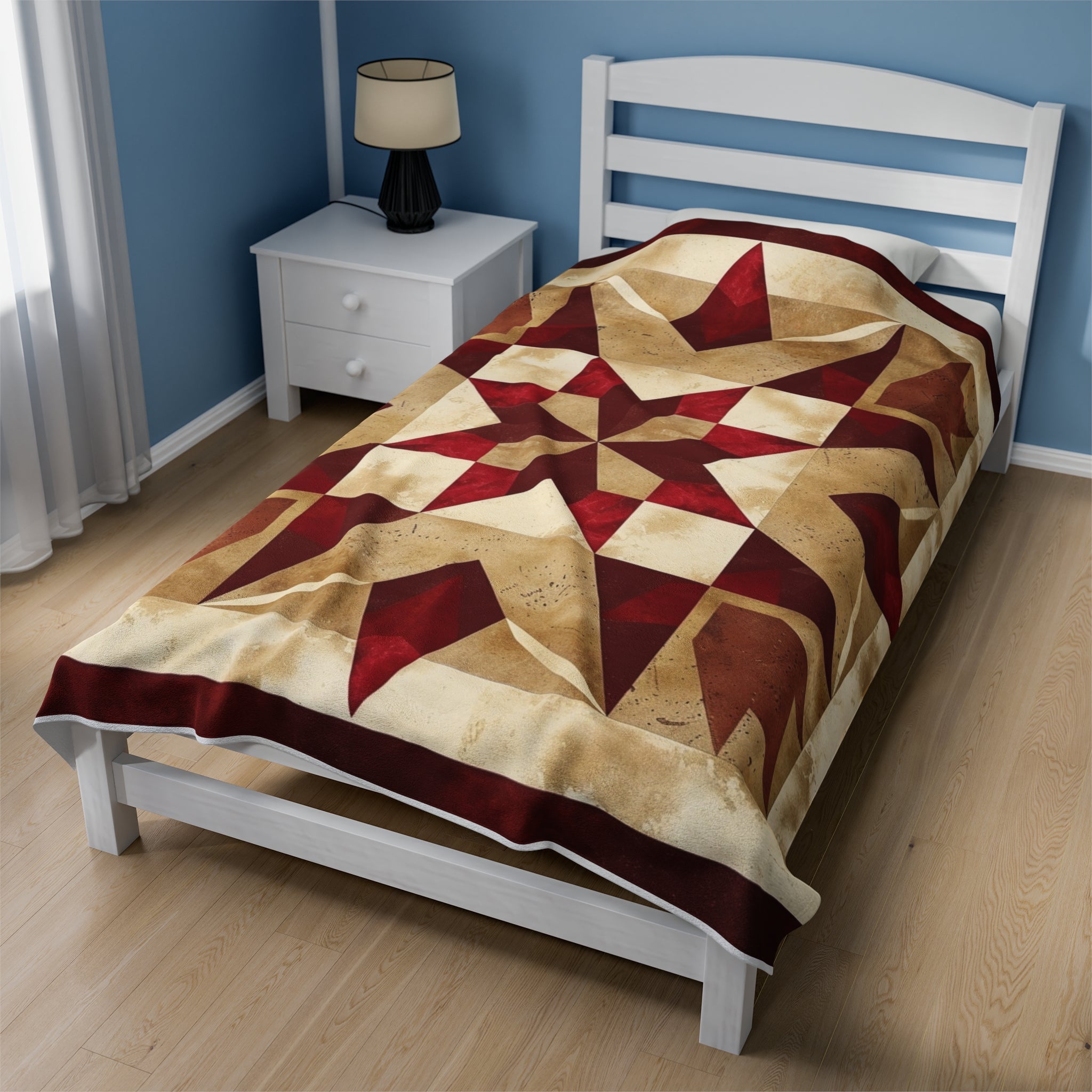 Red/Tan Multicolor Barn Quilt-Inspired Plush Throw Blanket - Cozy Geometric Velveteen Fleece Accent