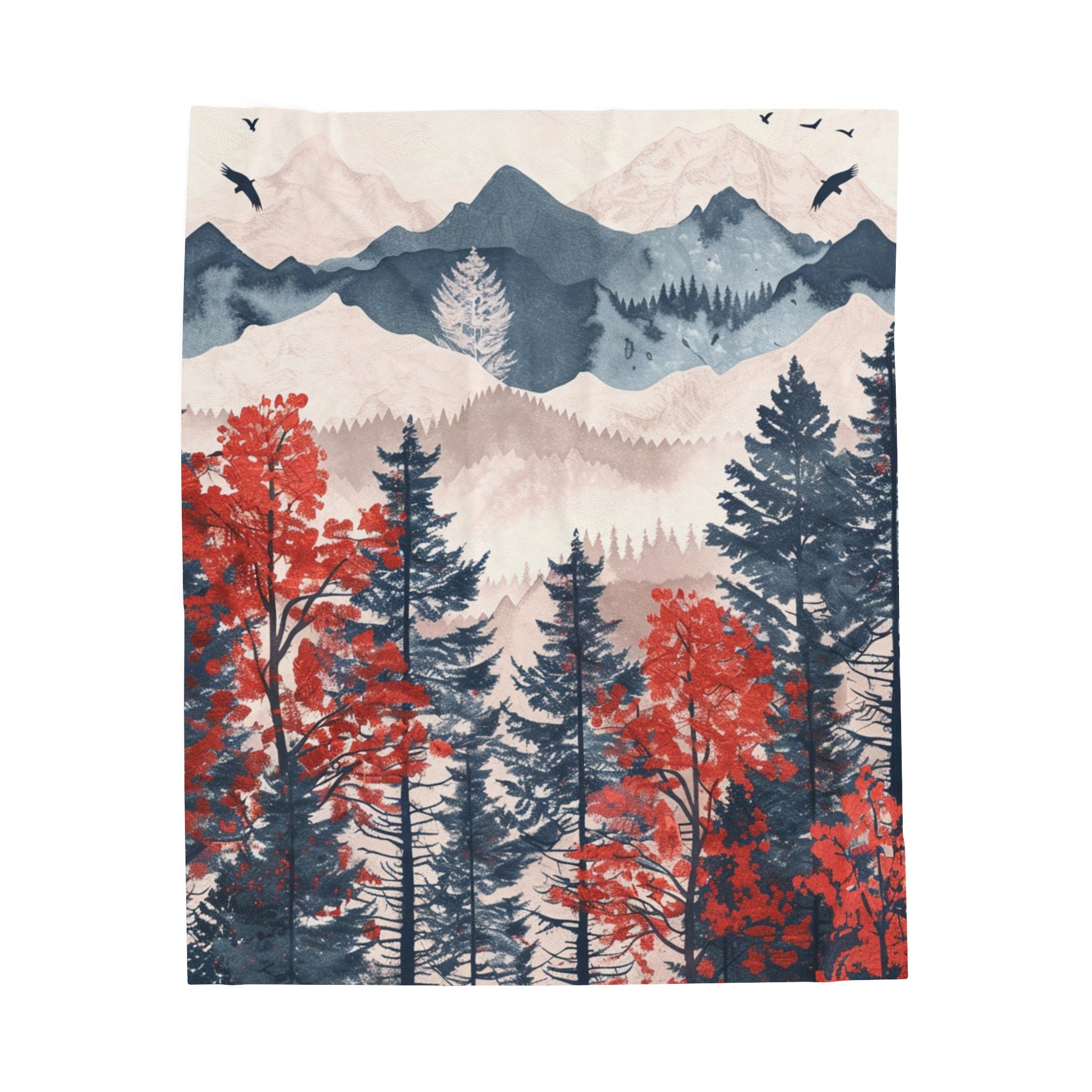 Velveteen Fleece Forest Blanket: Red White and Blue Woodland Beauty