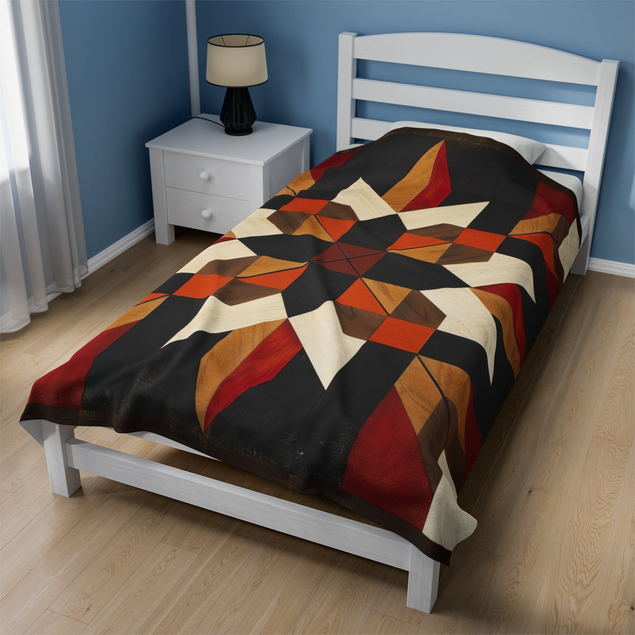 Black/Red/Orange Barn Quilt-Inspired Plush Throw Blanket - Cozy Geometric Velveteen Fleece Accent