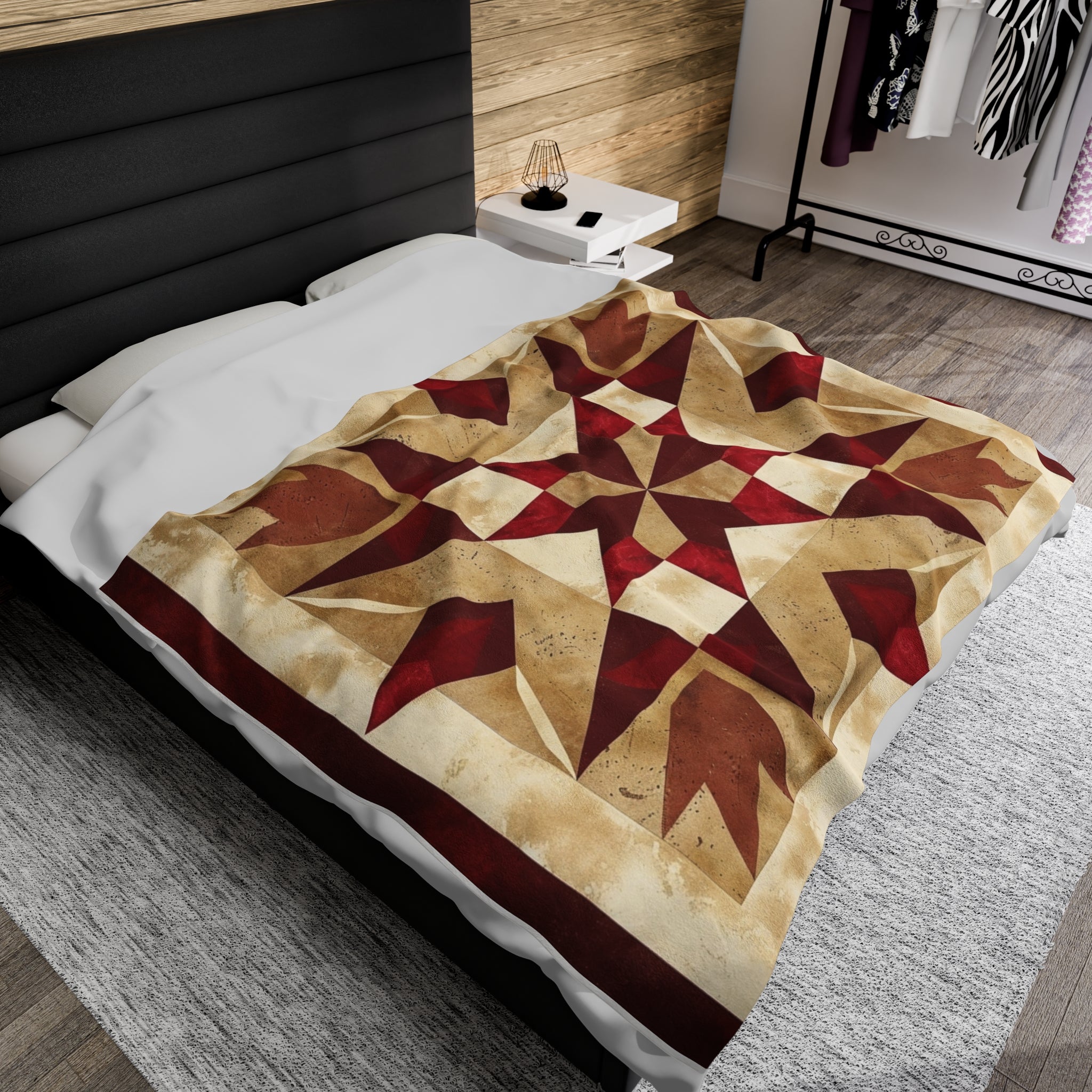 Red/Tan Multicolor Barn Quilt-Inspired Plush Throw Blanket - Cozy Geometric Velveteen Fleece Accent
