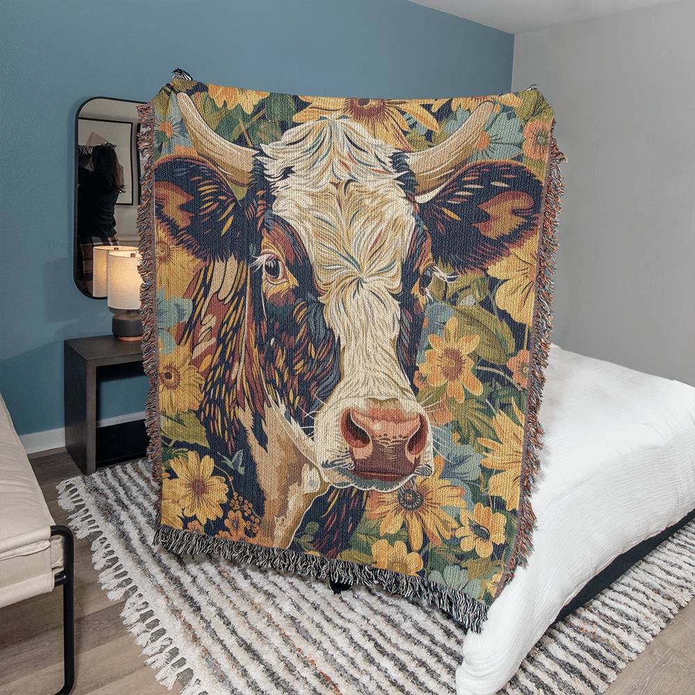 Floral Fable Cow Woven Wool Blanket