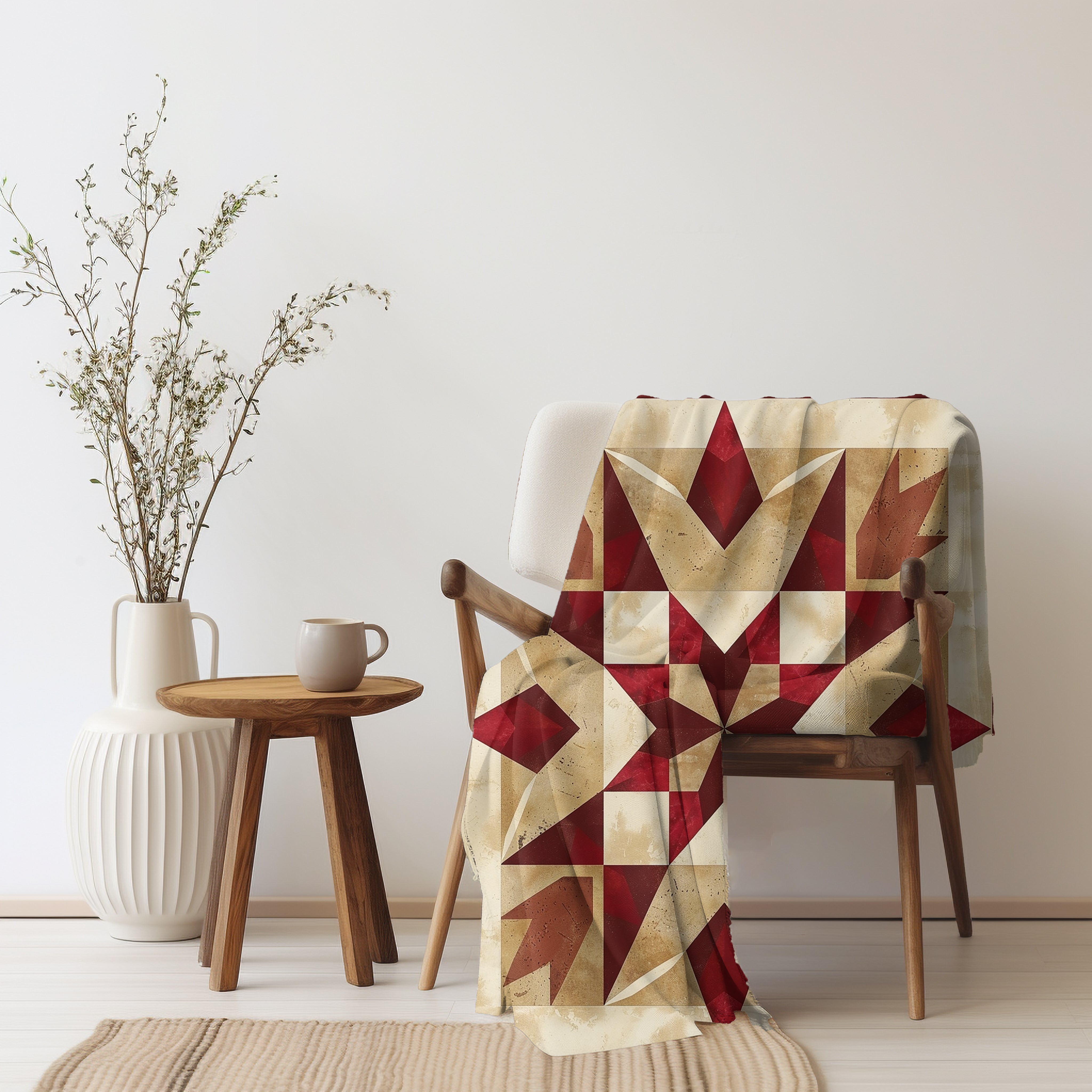 Red/Tan Multicolor Barn Quilt-Inspired Plush Throw Blanket - Cozy Geometric Velveteen Fleece Accent