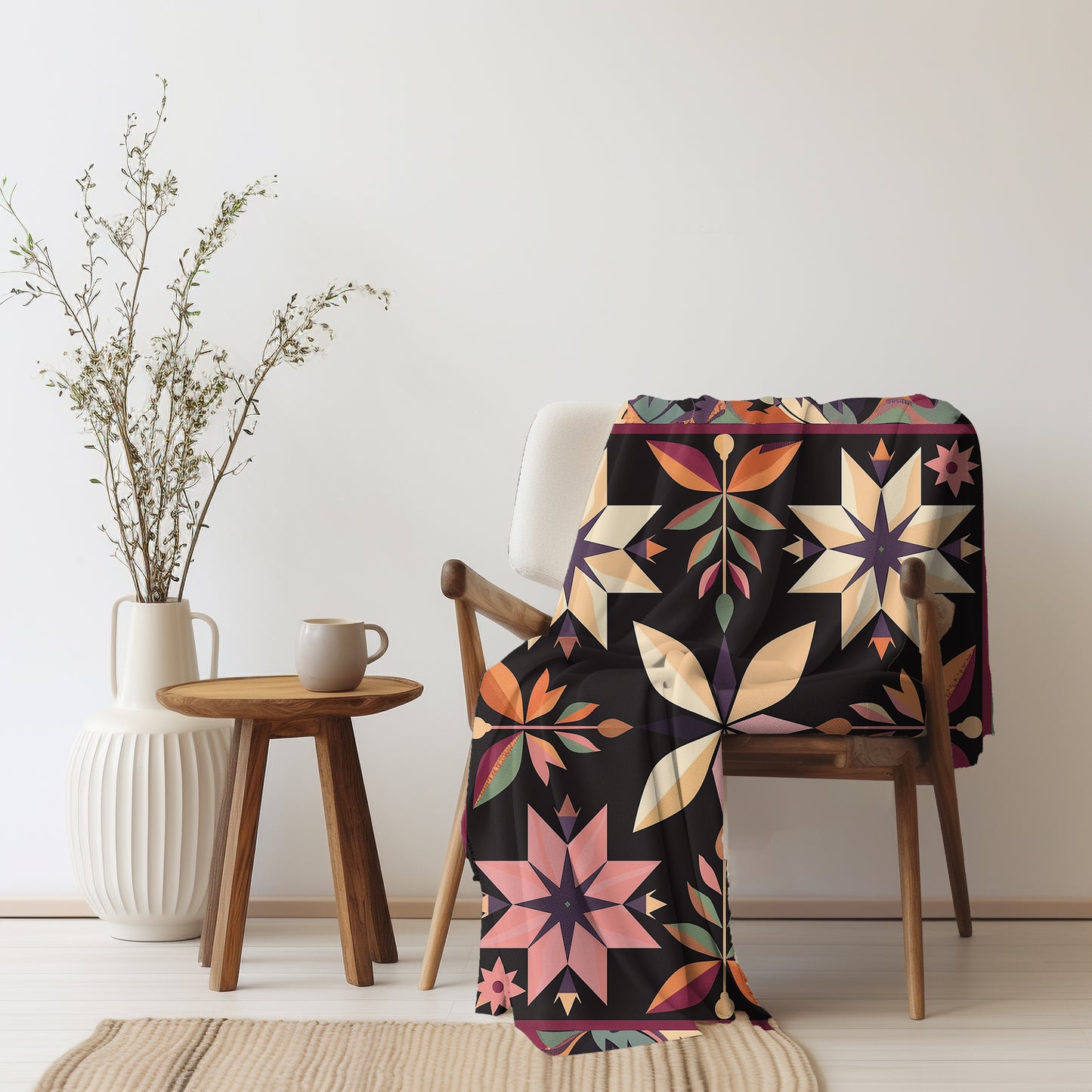 Pink/Tan/Black Multicolor Barn Quilt-Inspired Plush Throw Blanket - Cozy Geometric Velveteen Fleece Accent