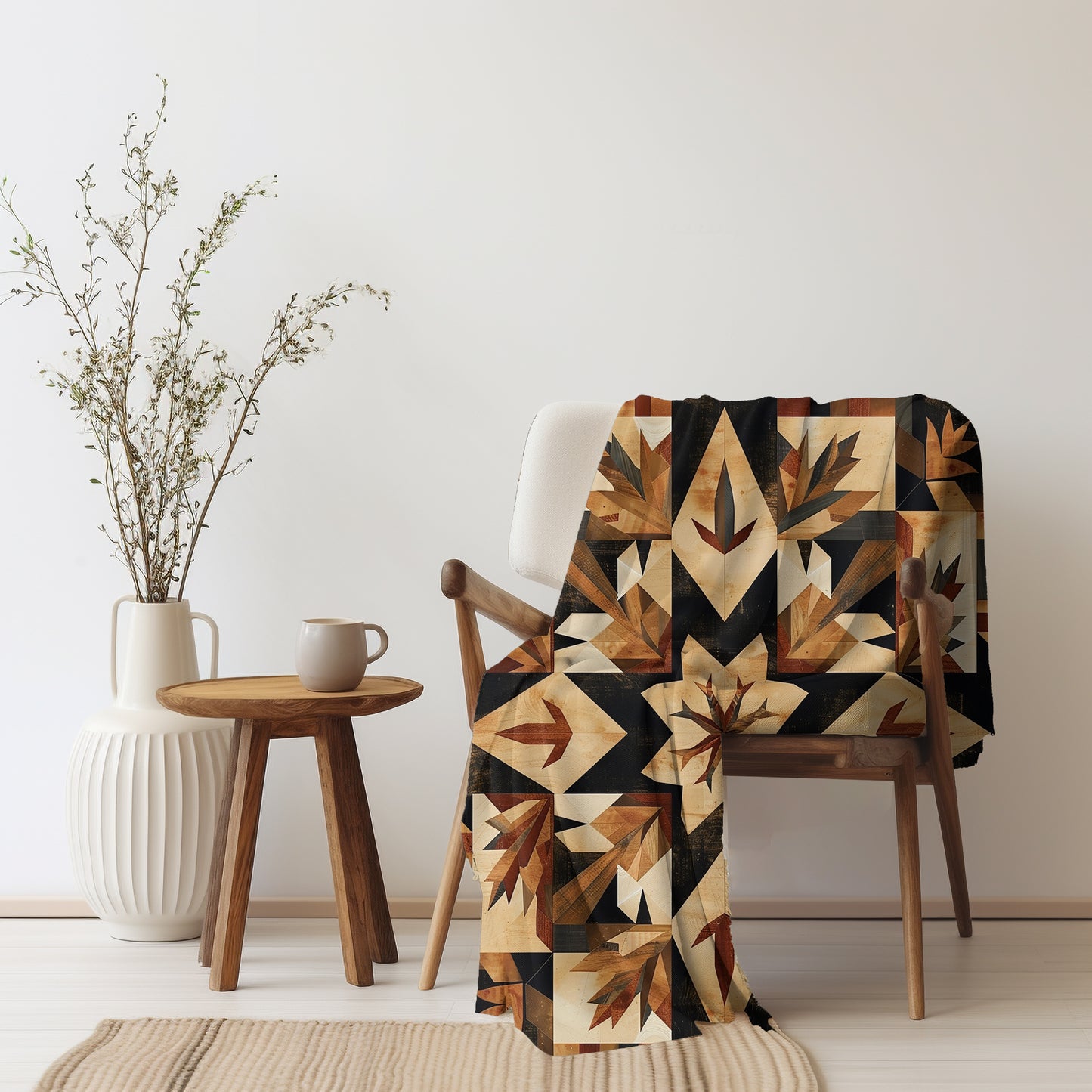 Tan Barn Quilt-Inspired Plush Throw Blanket - Cozy Geometric Velveteen Fleece Accent
