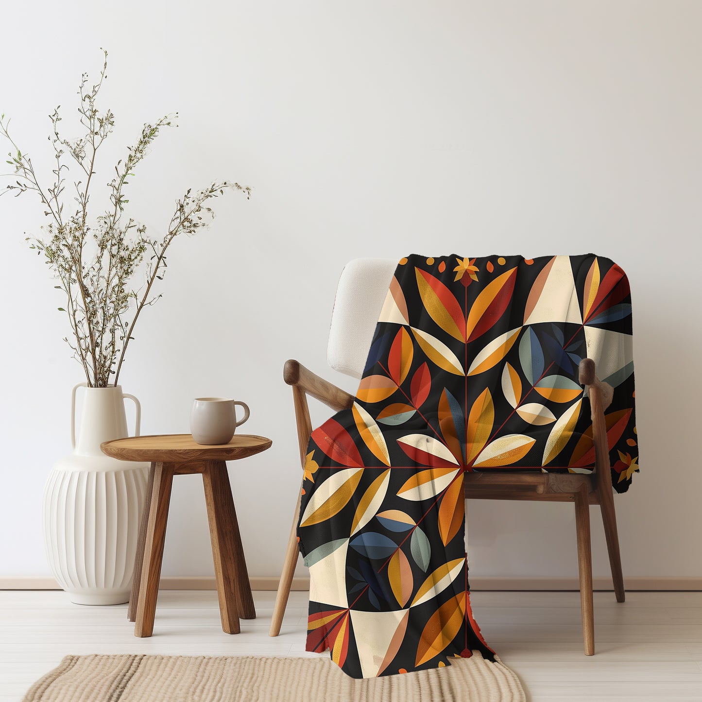 Tan/Blue/Red Multicolor Barn Quilt-Inspired Plush Throw Blanket - Cozy Geometric Velveteen Fleece Accent