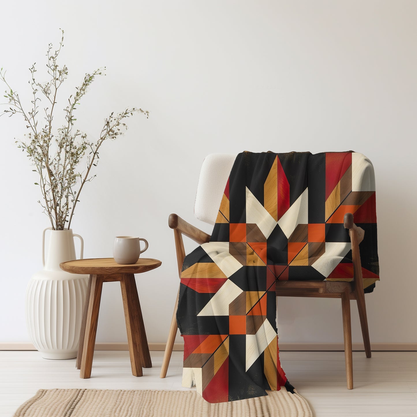 Black/Red/Orange Barn Quilt-Inspired Plush Throw Blanket - Cozy Geometric Velveteen Fleece Accent