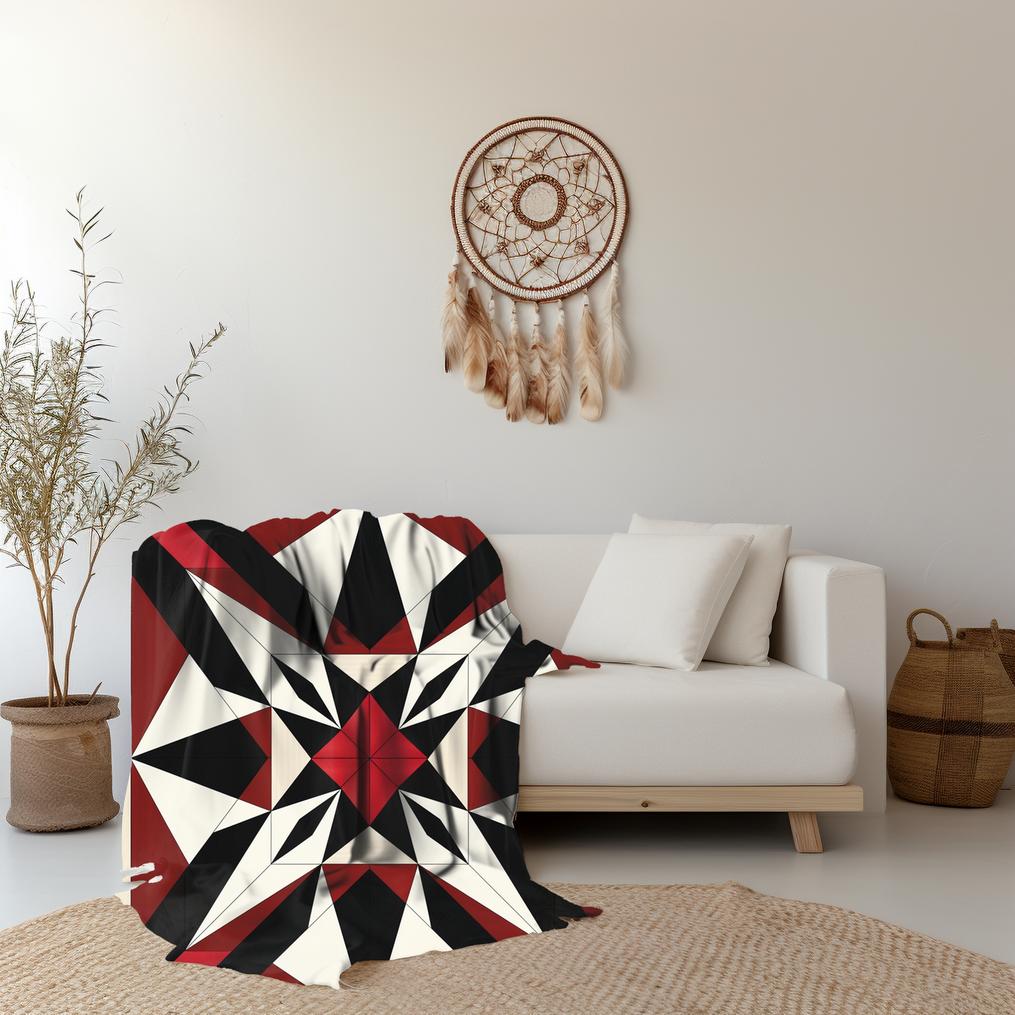 Red, Black and White Barn Quilt-Inspired Plush Throw Blanket - Cozy Geometric Velveteen Fleece Accent