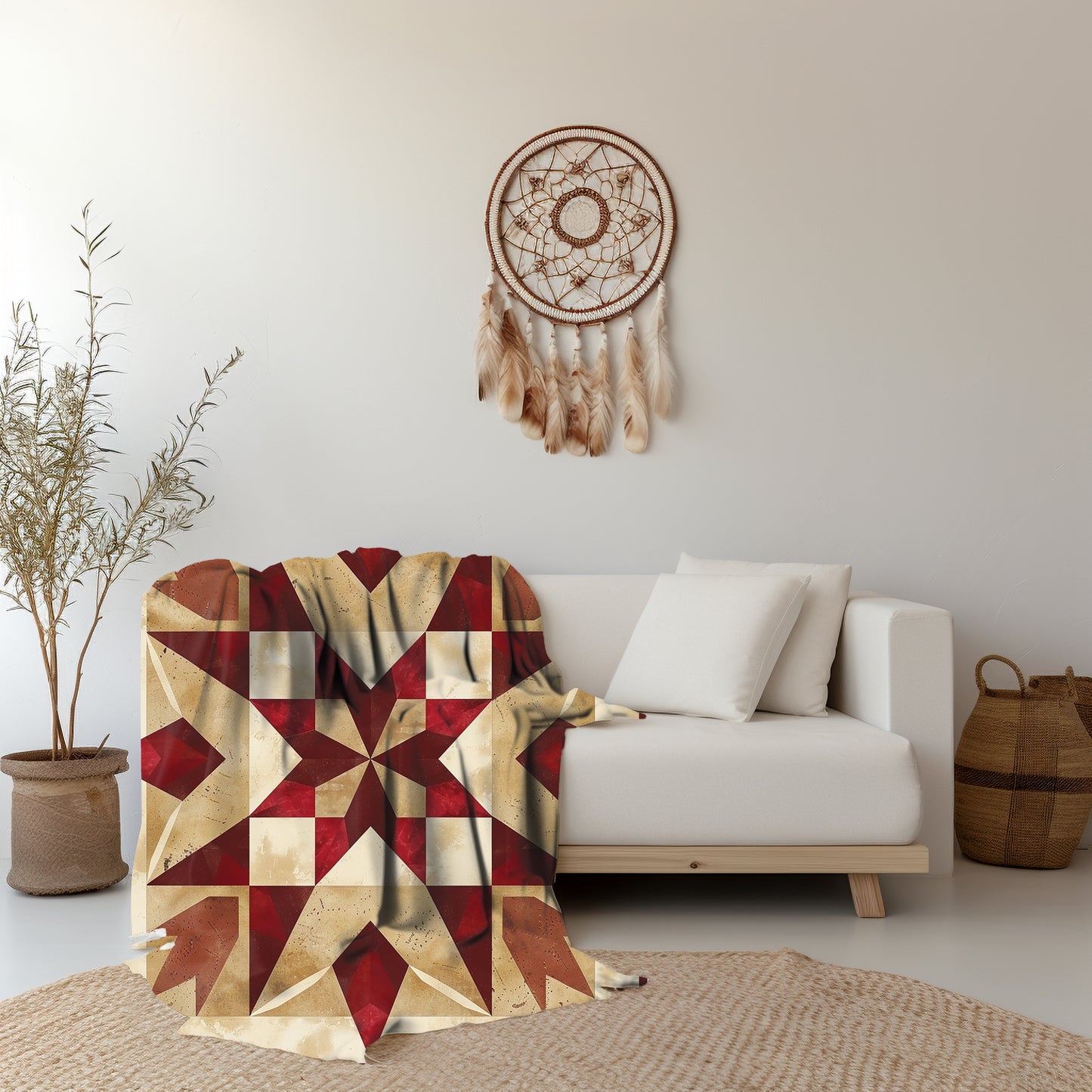 Red/Tan Multicolor Barn Quilt-Inspired Plush Throw Blanket - Cozy Geometric Velveteen Fleece Accent