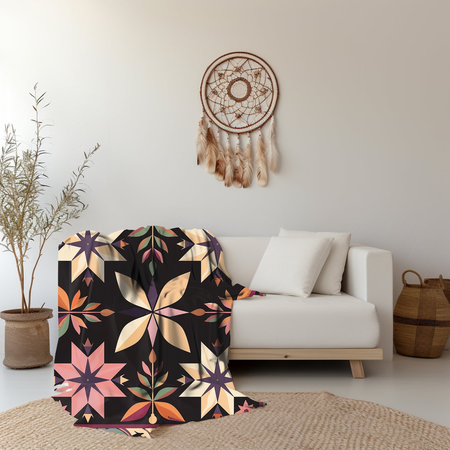 Pink/Tan/Black Multicolor Barn Quilt-Inspired Plush Throw Blanket - Cozy Geometric Velveteen Fleece Accent
