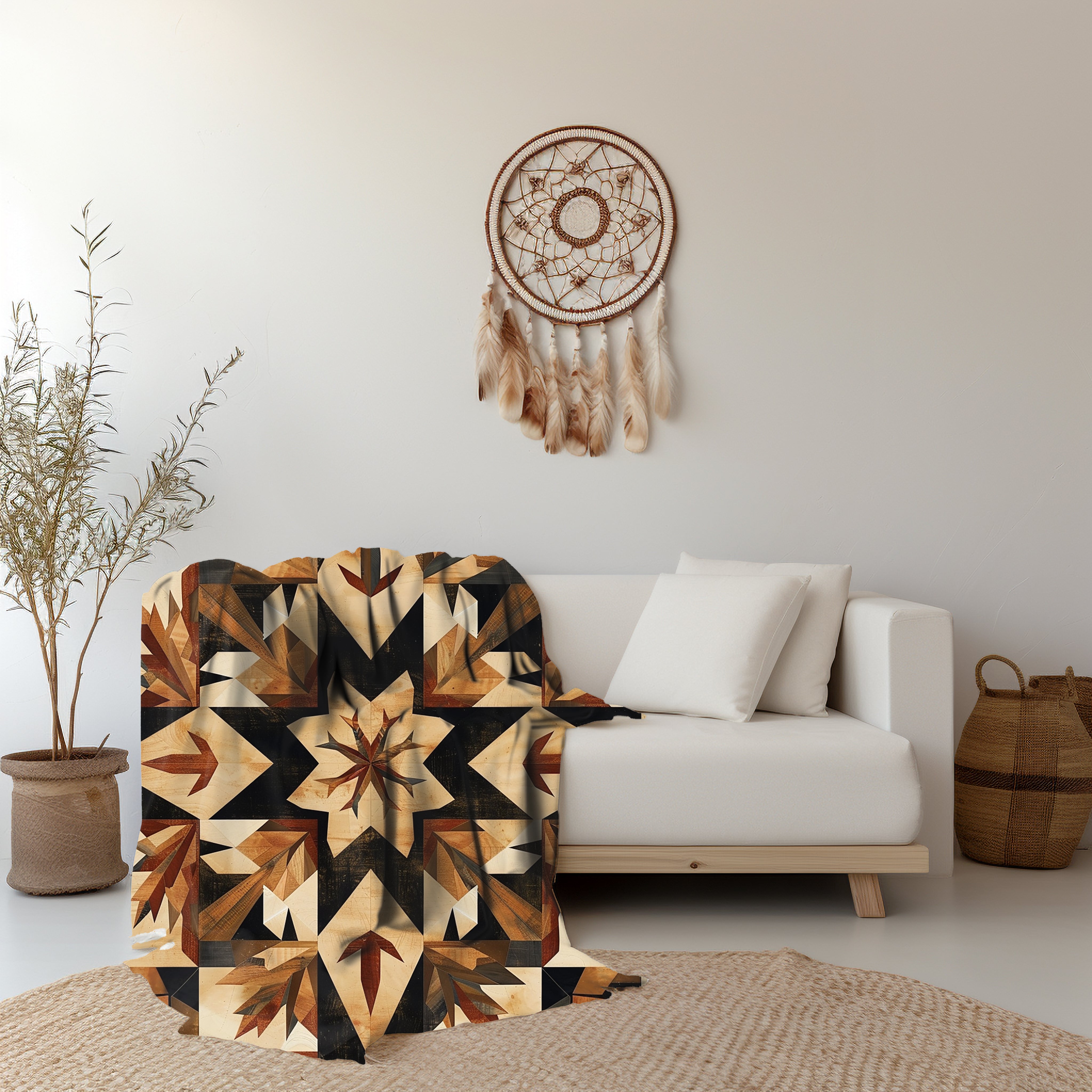 Tan Barn Quilt-Inspired Plush Throw Blanket - Cozy Geometric Velveteen Fleece Accent