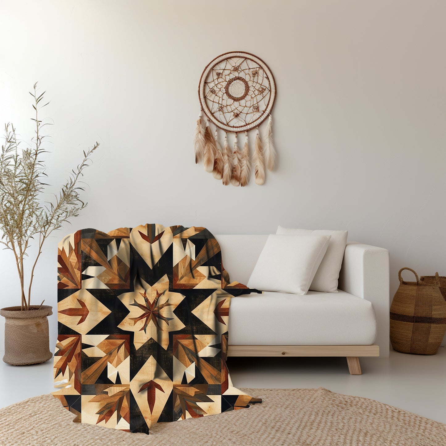 Tan Barn Quilt-Inspired Plush Throw Blanket - Cozy Geometric Velveteen Fleece Accent