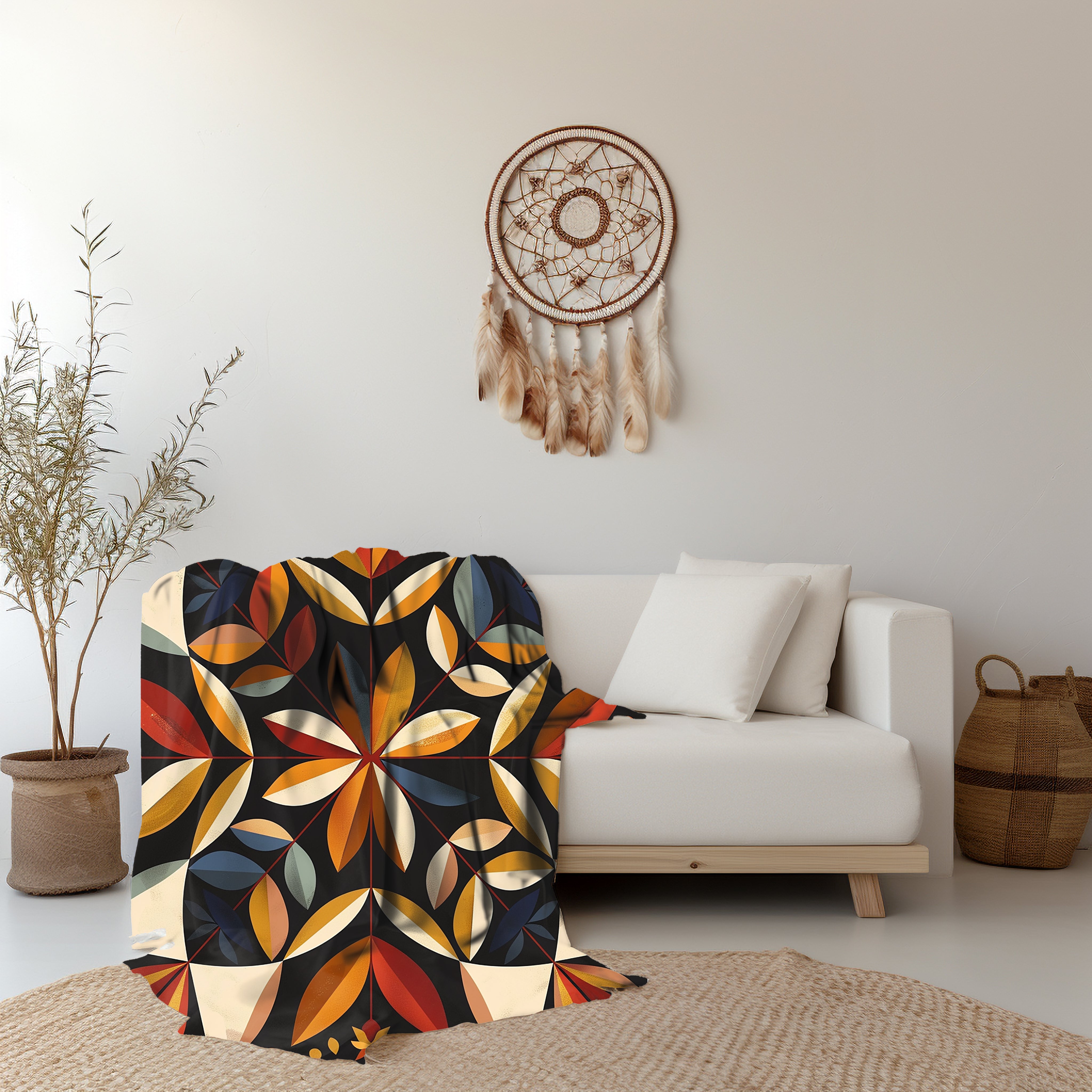 Tan/Blue/Red Multicolor Barn Quilt-Inspired Plush Throw Blanket - Cozy Geometric Velveteen Fleece Accent