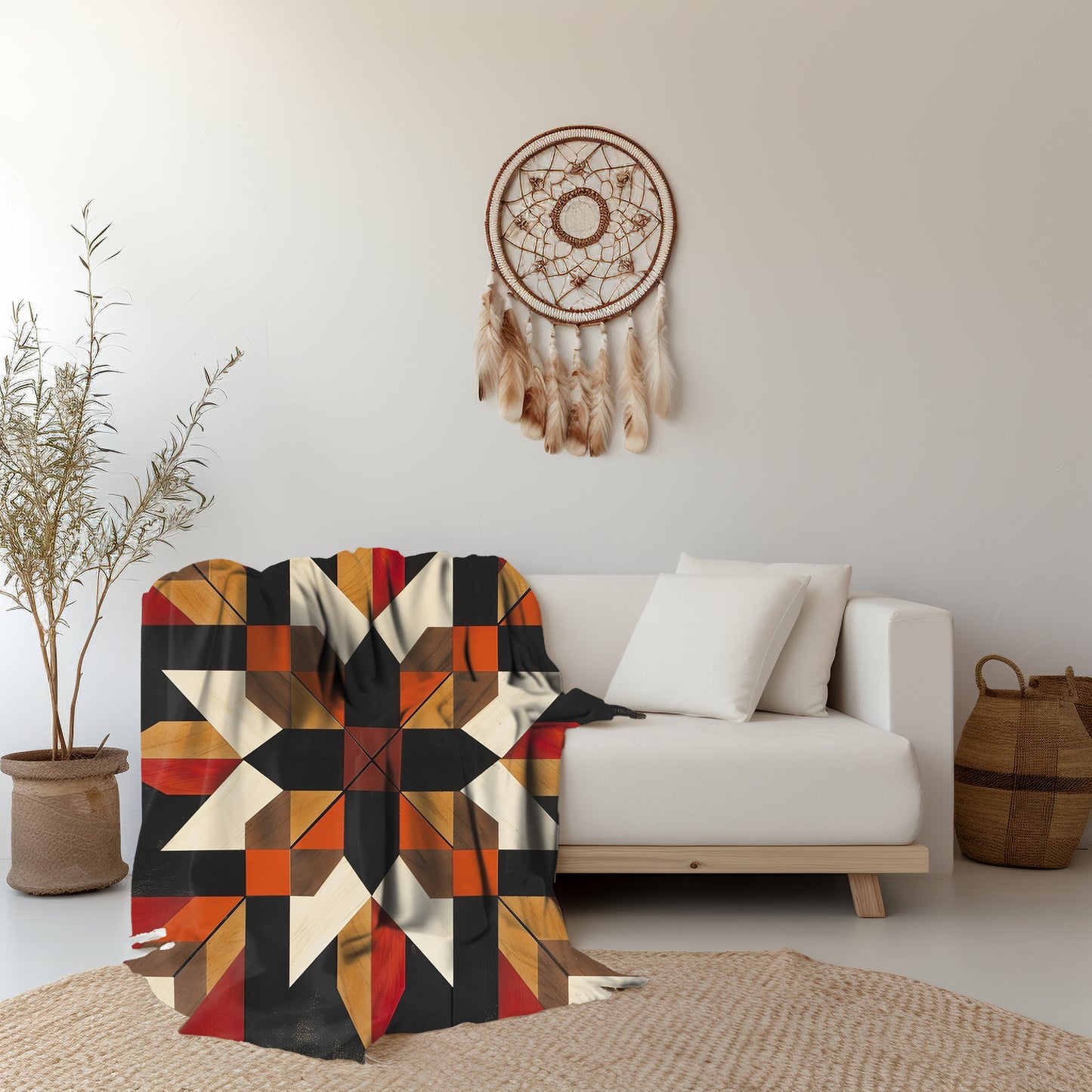 Black/Red/Orange Barn Quilt-Inspired Plush Throw Blanket - Cozy Geometric Velveteen Fleece Accent