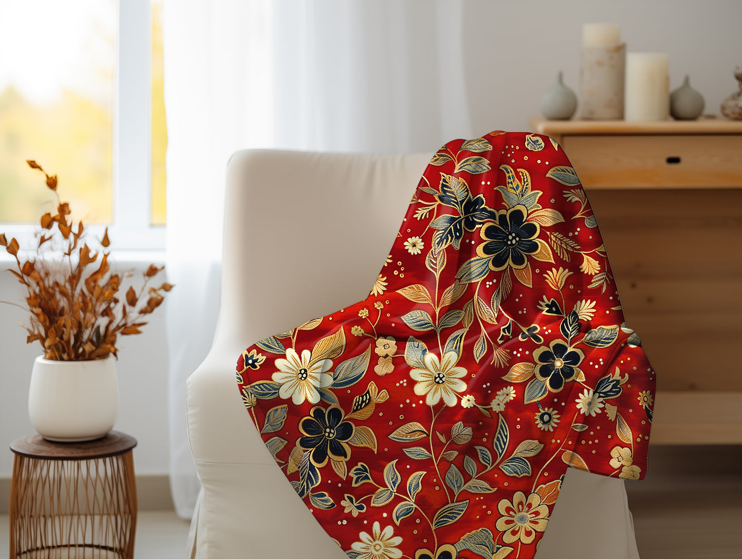 Autumn Harvest Festive Red and Gold Floral Velveteen Fleece Throw Blanket