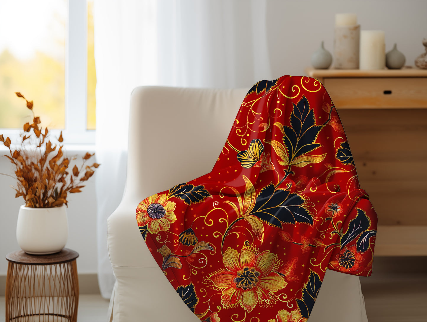 Fiery Florals Red and Gold Embellished Velveteen Fleece Throw Blanket