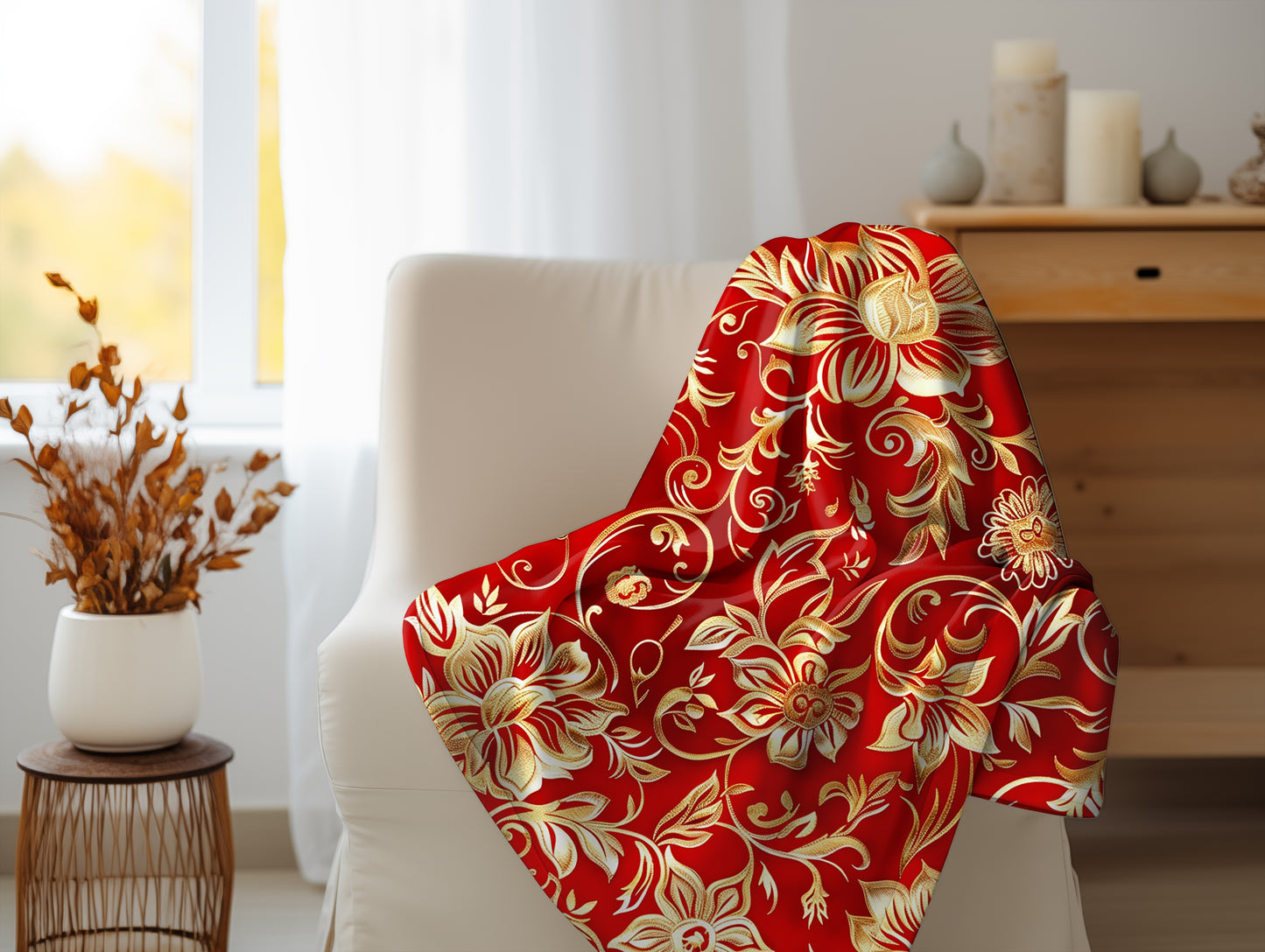 Regal Red and Gold Luxurious Floral Velveteen Fleece Throw Blanket