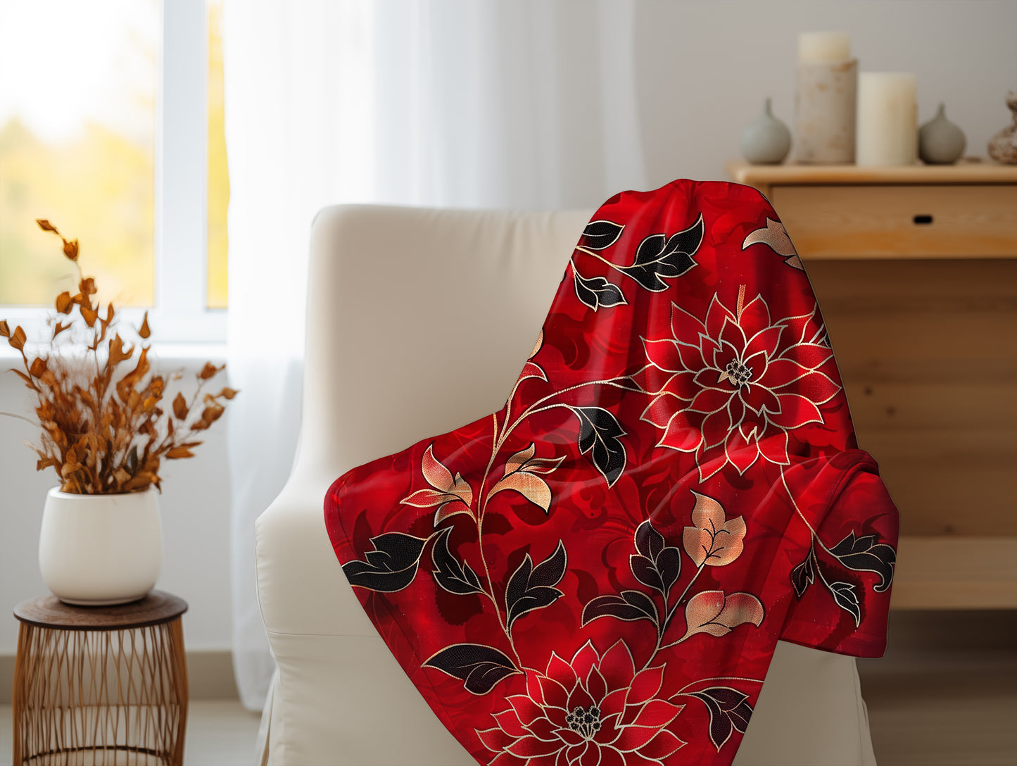 Scarlet Symphony Red and Black Floral Velveteen Fleece Throw Blanket