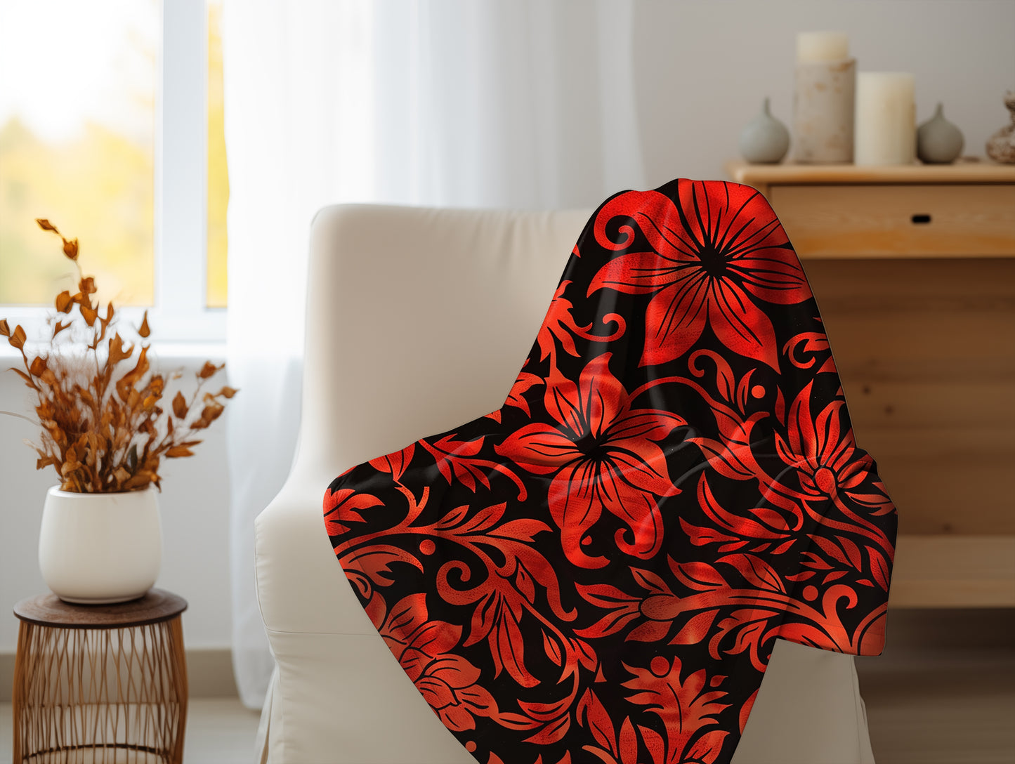 Crimson Contrast Striking Red and Black Floral Elegance Velveteen Fleece Throw Blanket