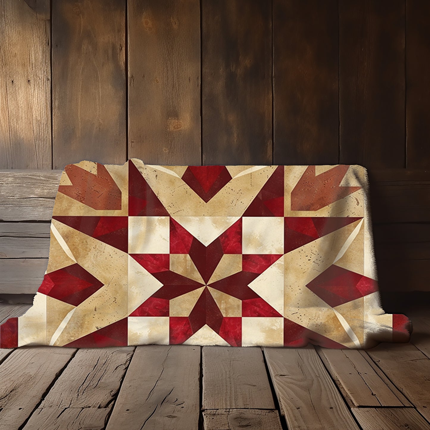 Red/Tan Multicolor Barn Quilt-Inspired Plush Throw Blanket - Cozy Geometric Velveteen Fleece Accent