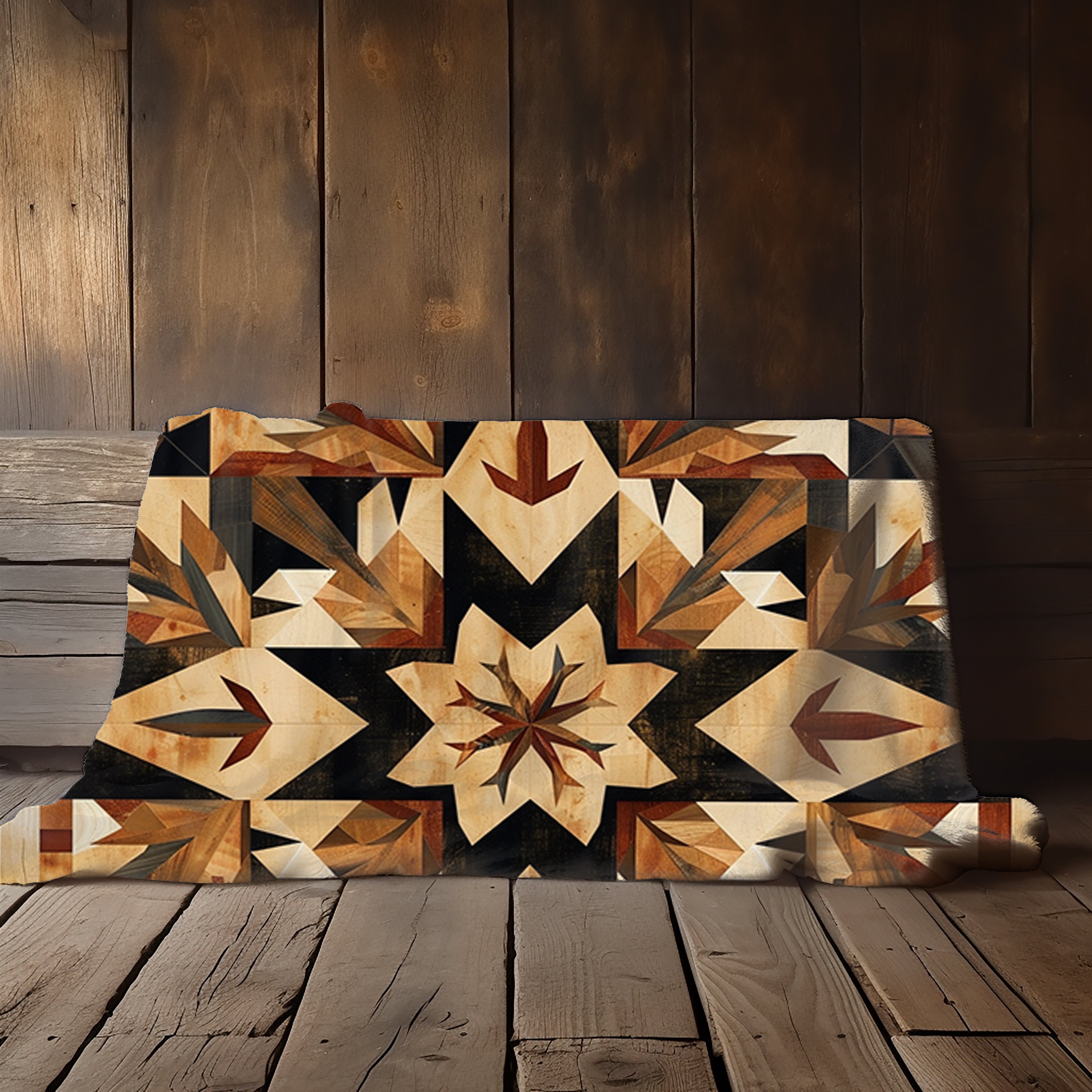 Tan Barn Quilt-Inspired Plush Throw Blanket - Cozy Geometric Velveteen Fleece Accent