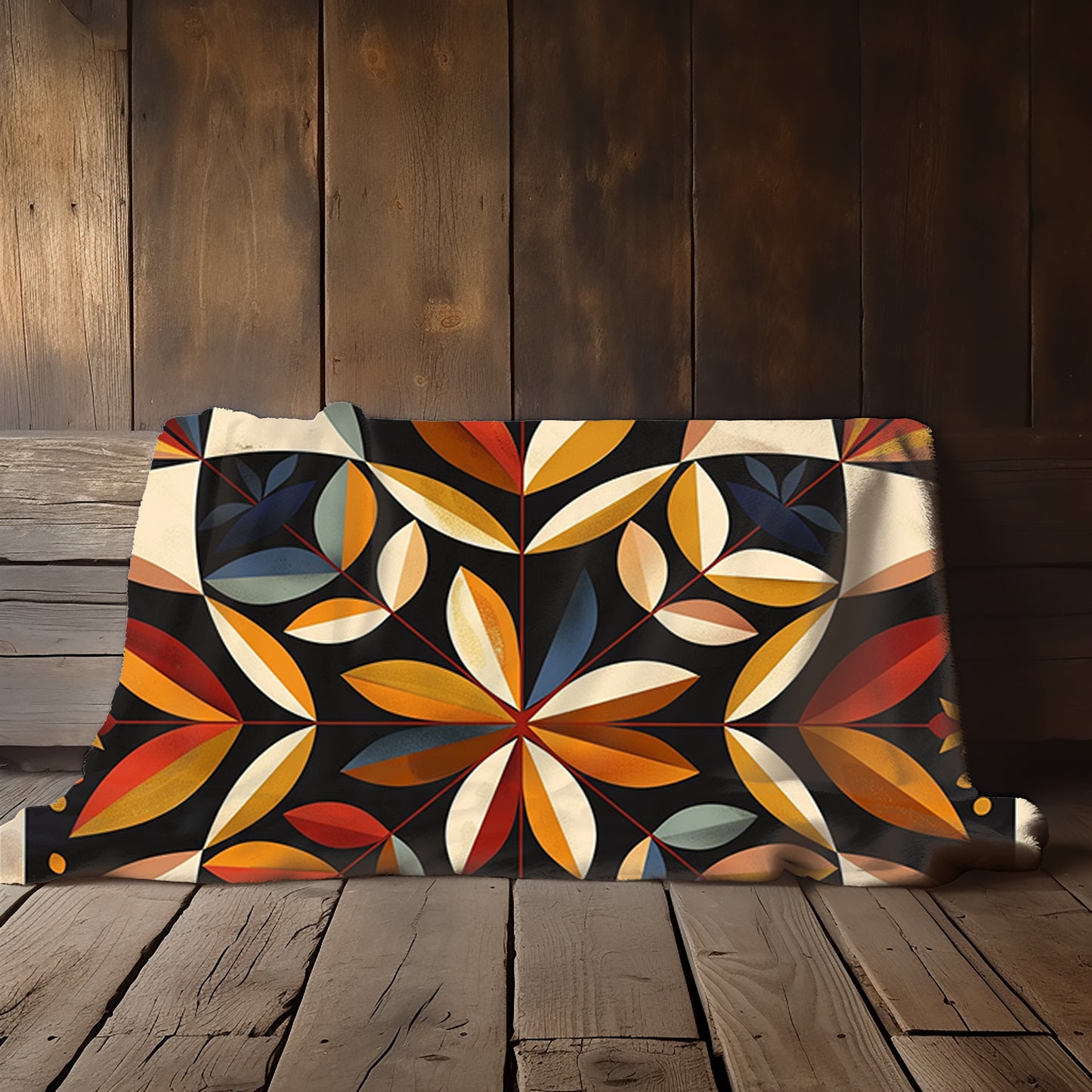 Tan/Blue/Red Multicolor Barn Quilt-Inspired Plush Throw Blanket - Cozy Geometric Velveteen Fleece Accent