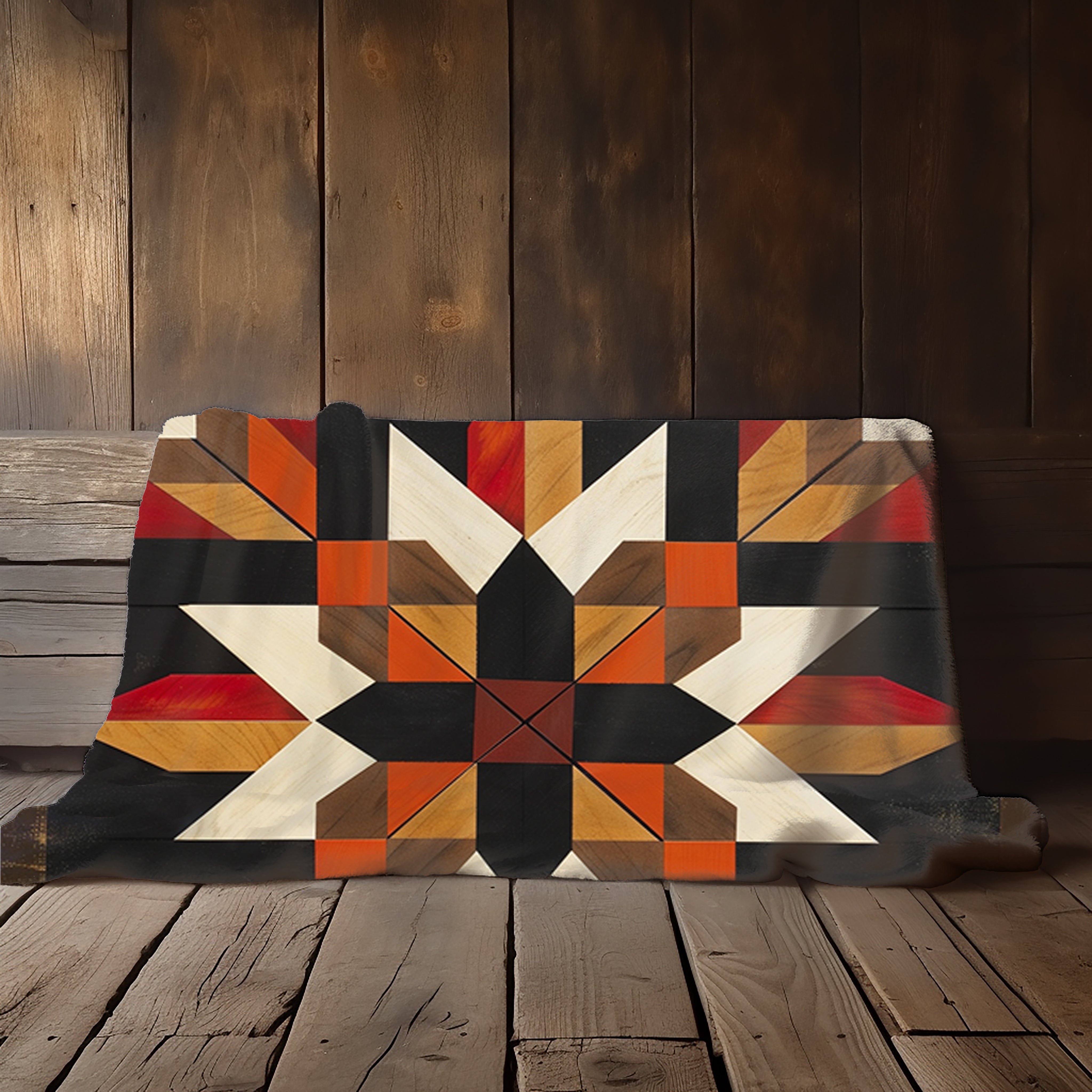 Black/Red/Orange Barn Quilt-Inspired Plush Throw Blanket - Cozy Geometric Velveteen Fleece Accent