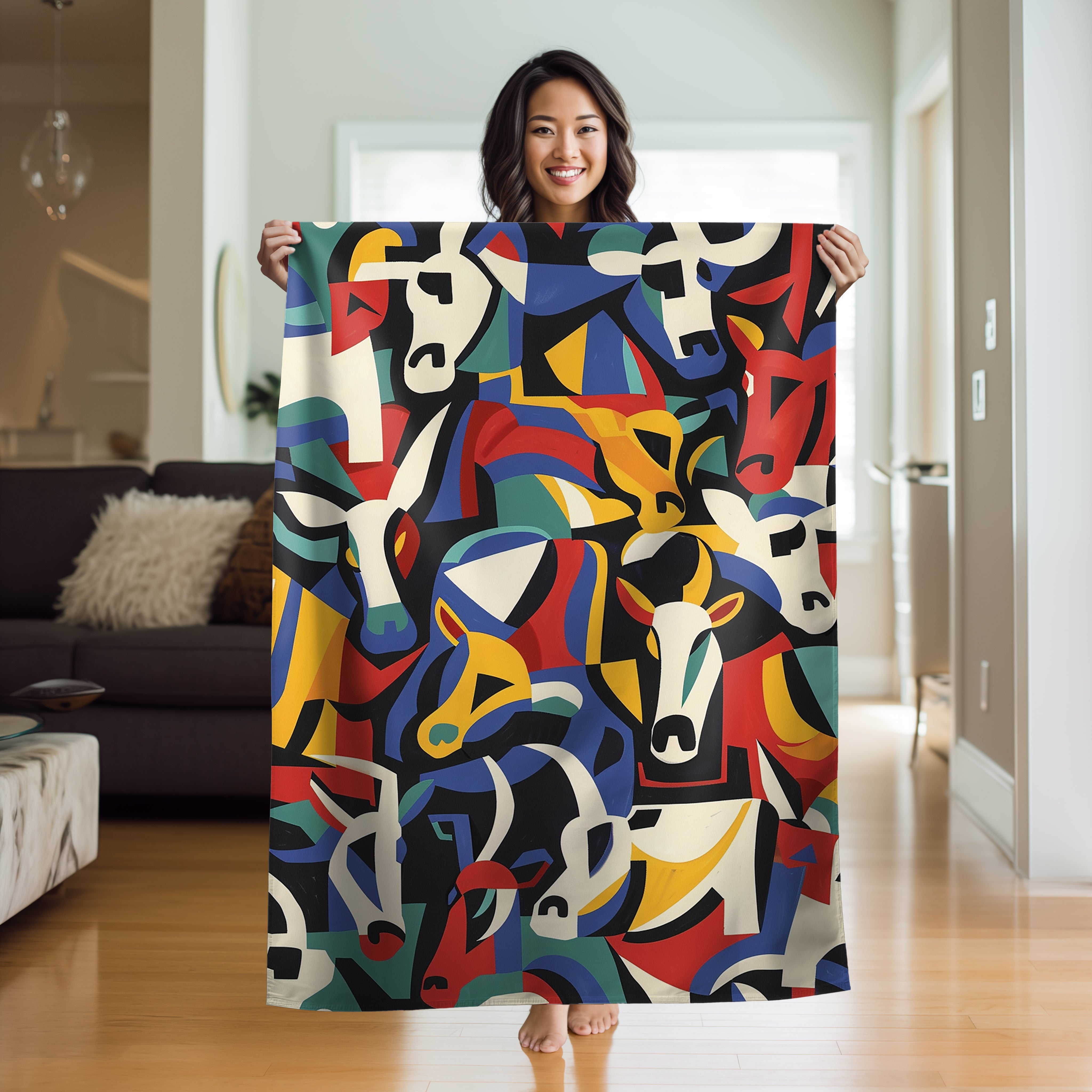 Picasso's Bovine Mosaic Velveteen Fleece Throw Blanket