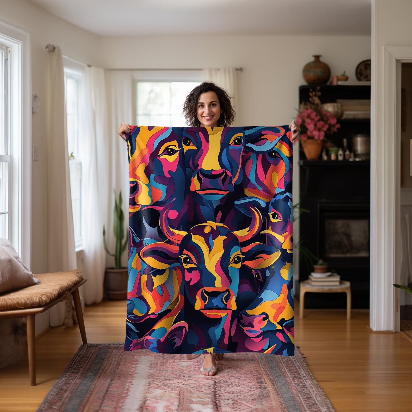 Surreal Spectrum Cow Velveteen Fleece Throw Blanket